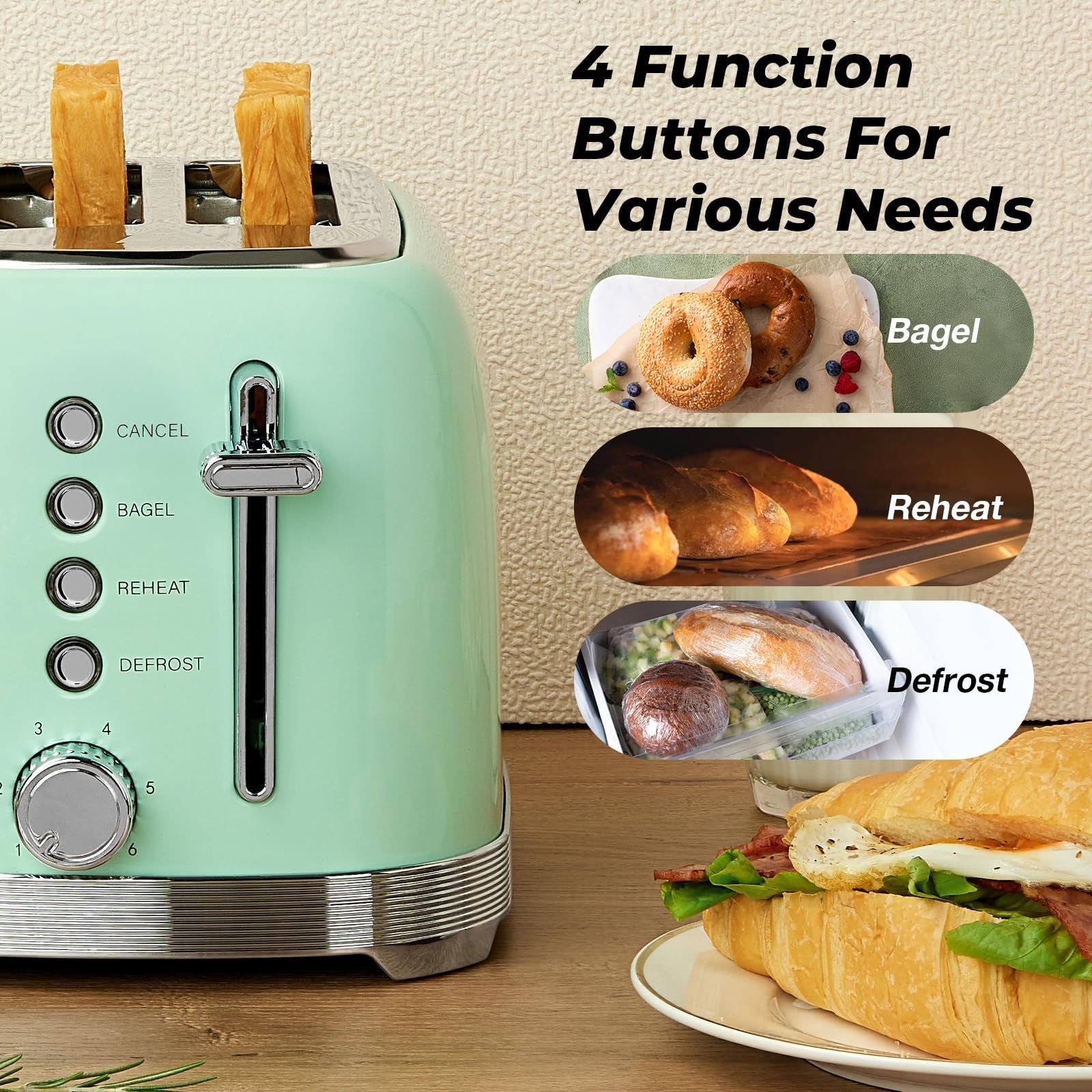 Retro 2 Slice Stainless Steel Toaster in Aqua Green   Compact & Stylish Design6
