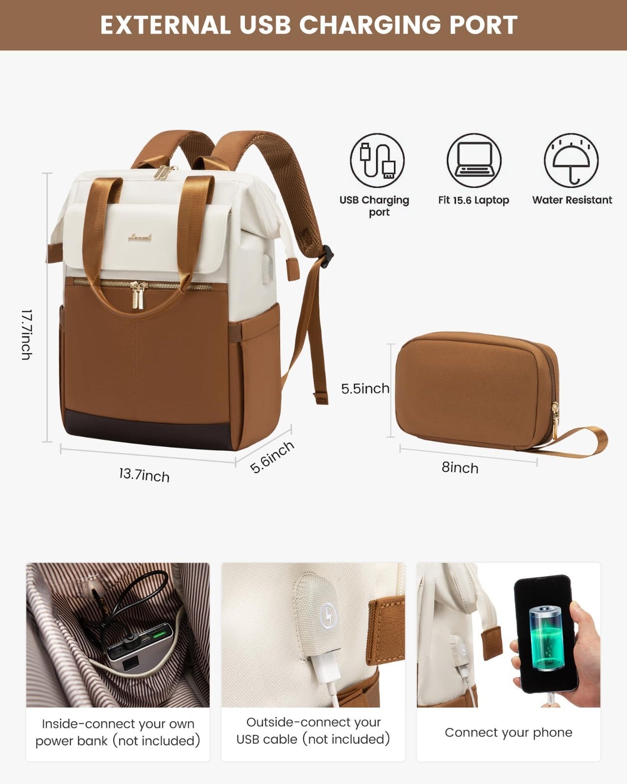 Stylish 15.6" Laptop Backpack for Women, USB Port, Waterproof Travel Bag, Organi3