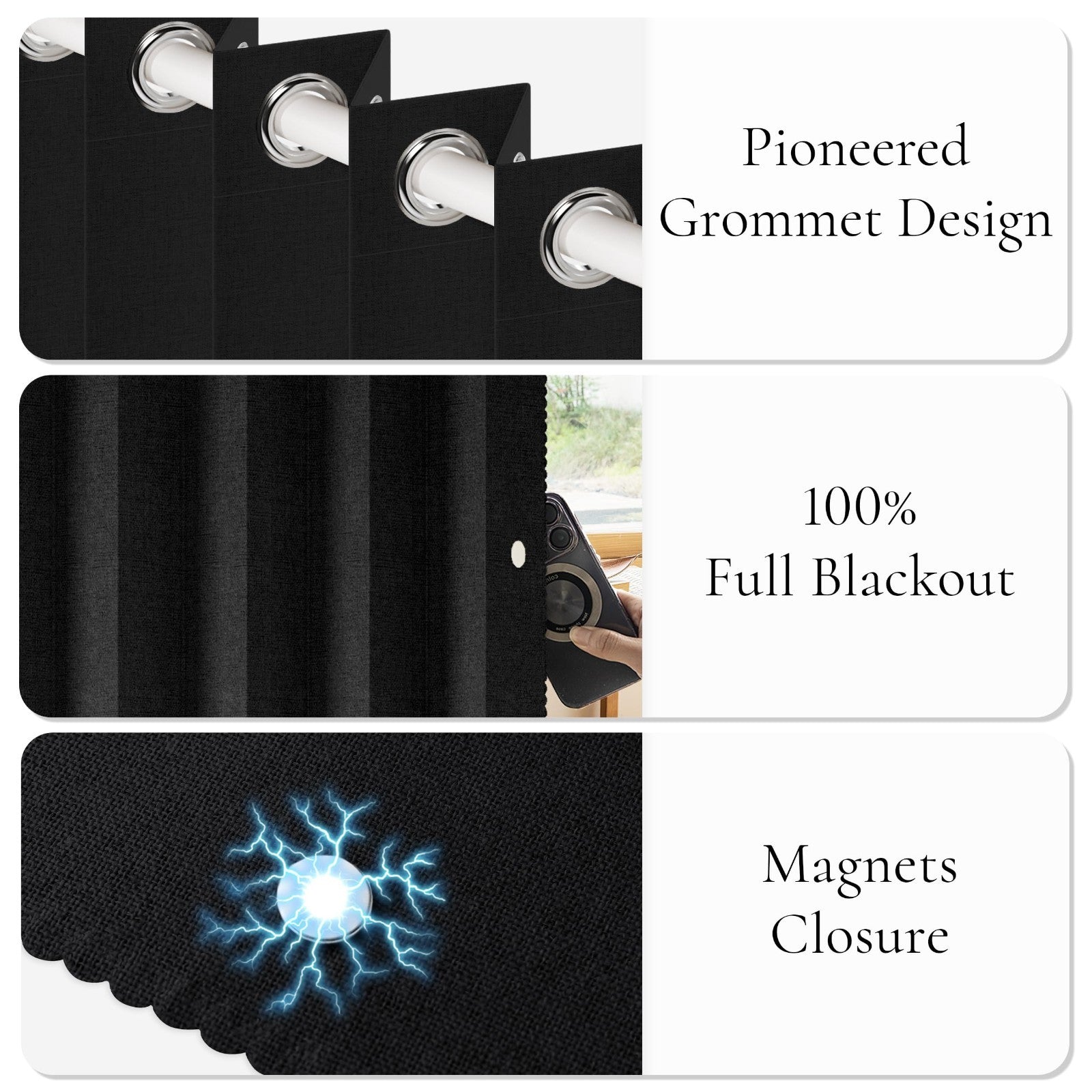 100% Blackout Pleated Curtains with Magnetic Closure, Pinch Pleat, W45 x L84, Bl6