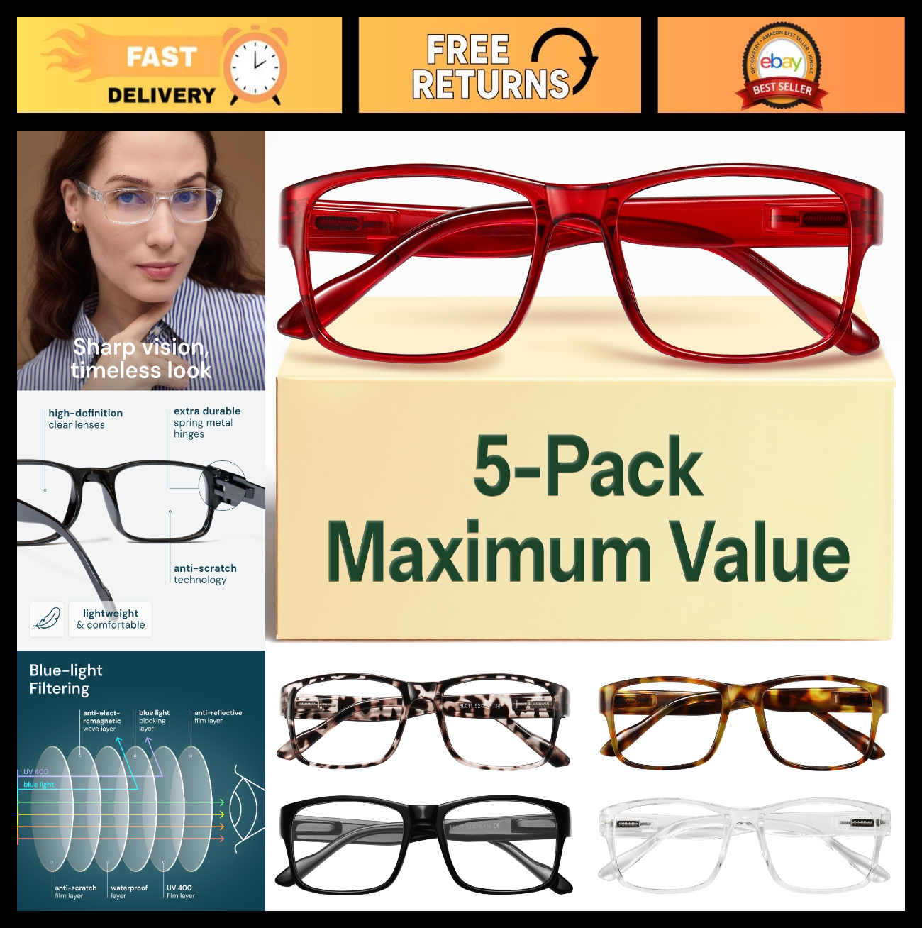2.5x Professional Reading Glasses - Blue Light Blocking - All Day Comfort - FSA/0