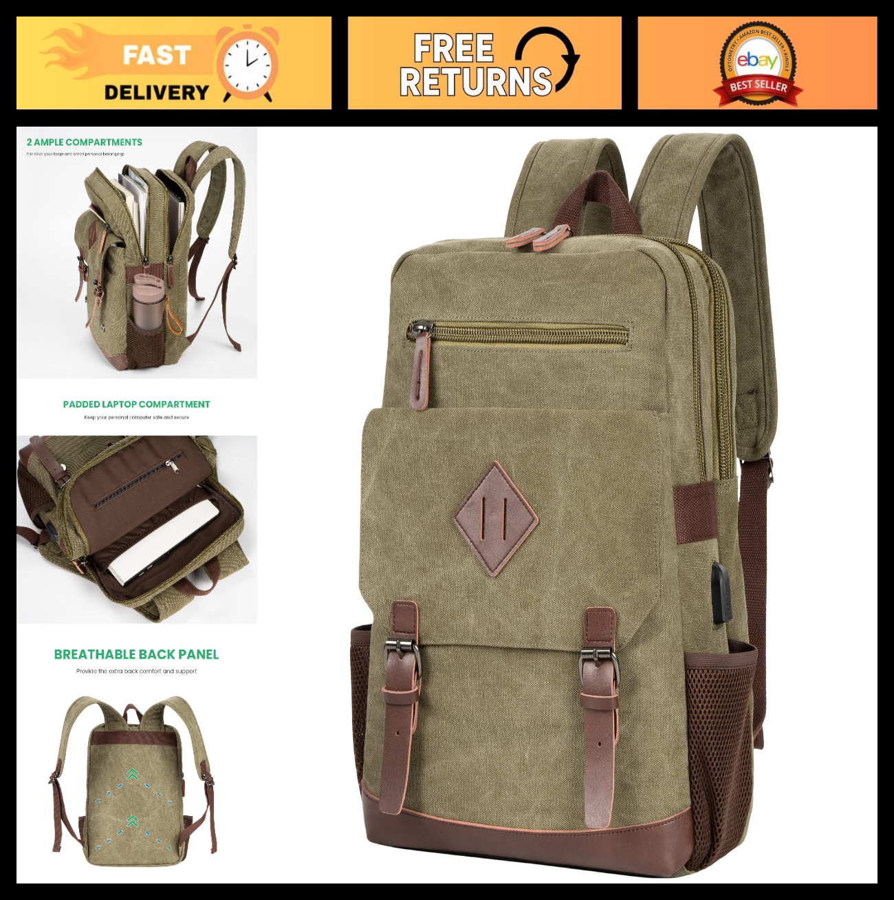 Vintage Canvas Backpack with USB Charging, Fits 15.6" Laptop, Travel Bag0