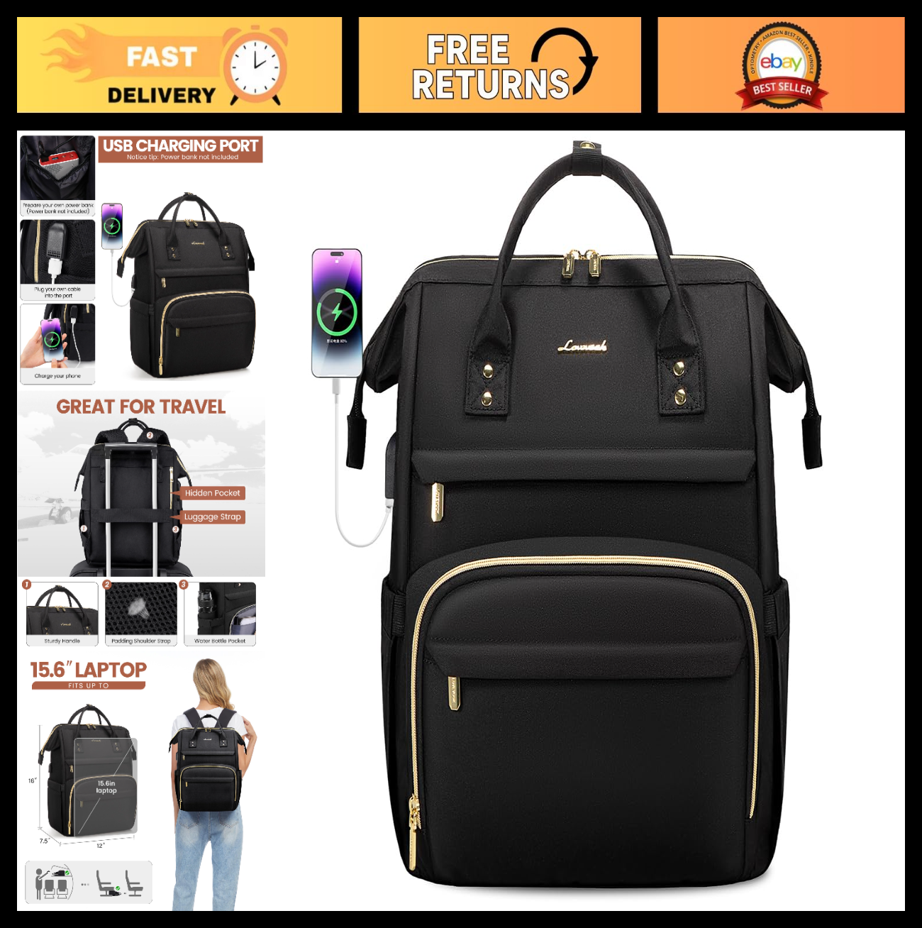 Stylish 15.6" Laptop Backpack for Women, Waterproof Travel Bag with USB Port, Id0