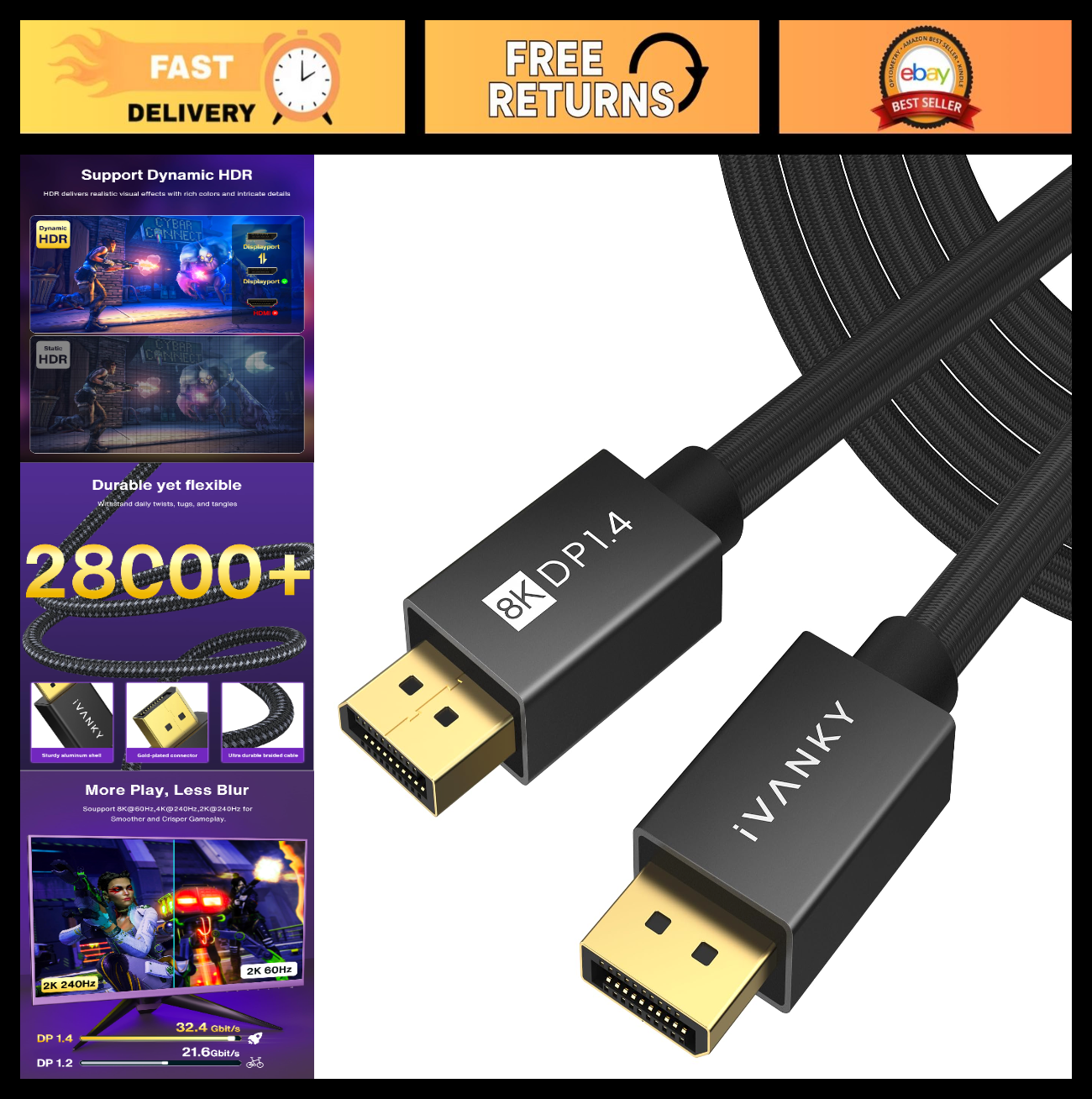 8K DisplayPort Cable 1.4, 20ft DP to DP, 32.4Gbps, 60Hz/240Hz, HDR, Gaming Monit0