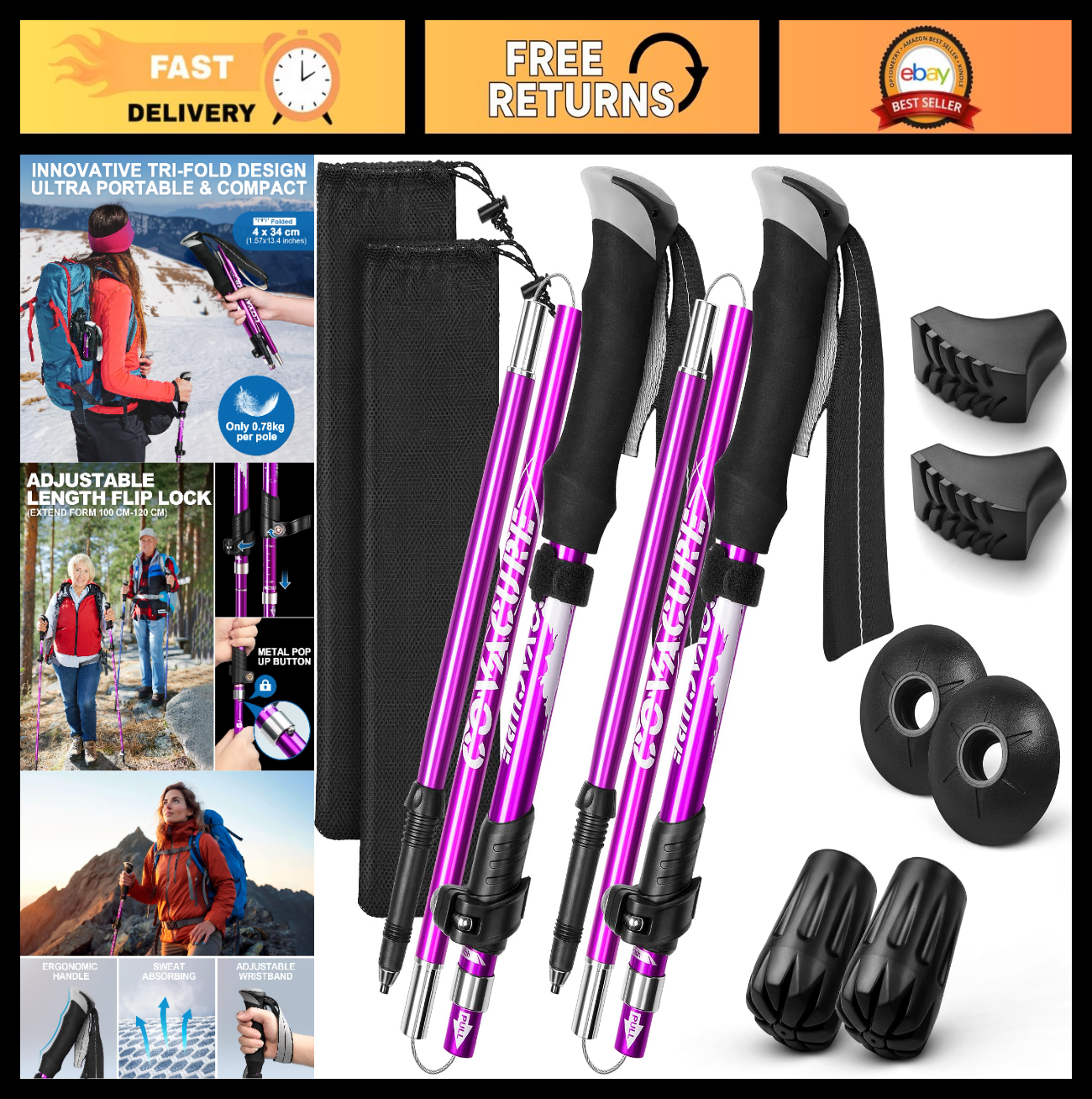 Collapsible Trekking Poles - Lightweight Aluminum Walking Sticks for Hiking, Cam0