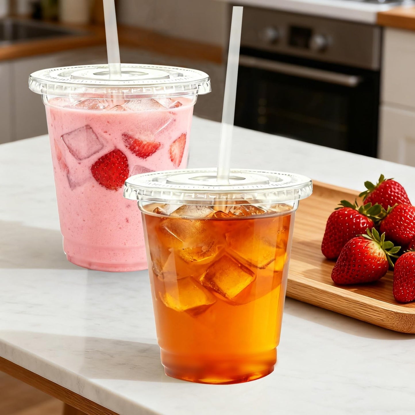 100 Pack 12 oz Clear Plastic Cups with Lids & Straws | Disposable Cold Drink Cup2