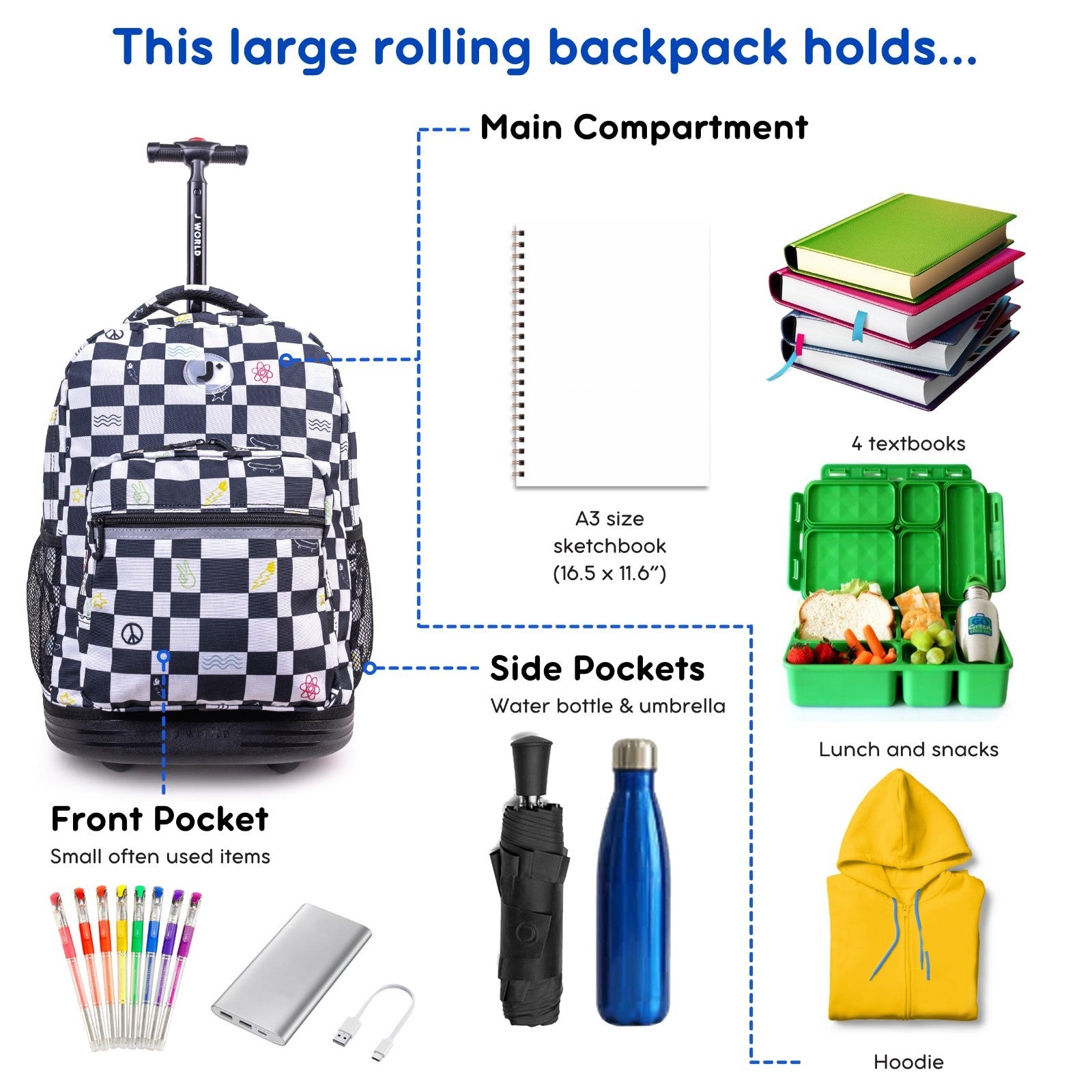 Kids Rolling Backpack with Wheels, School Roller Bookbag for Girls & Boys, 18"x13