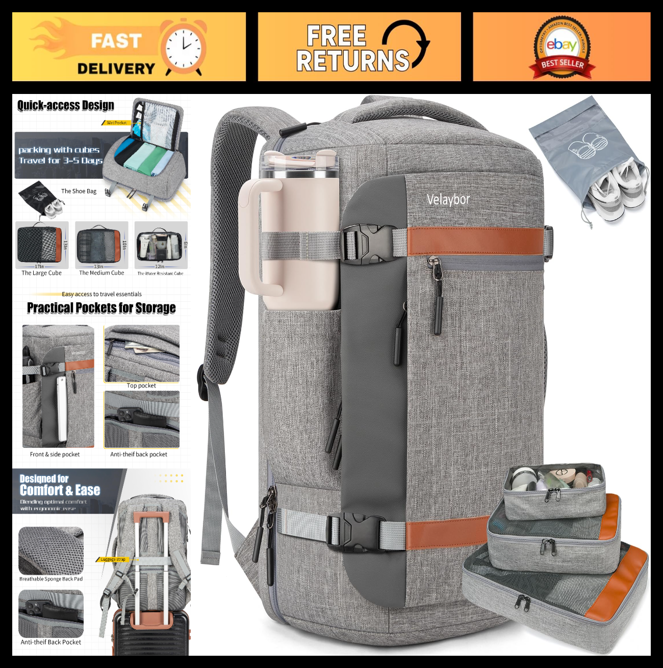 42L Travel Backpack with USB Port, TSA Approved Carry-On, Water-Resistant, Fits0