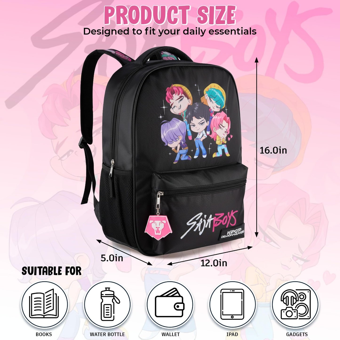 K Pop Demon Hunters Chibi Saja Boys 16” Backpack for Girls, Rubber Molded Charm,3