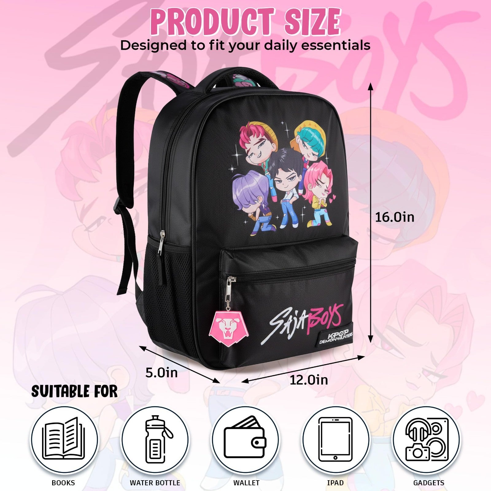 K Pop Demon Hunters Chibi Saja Boys 16” Backpack for Girls, Rubber Molded Charm,3