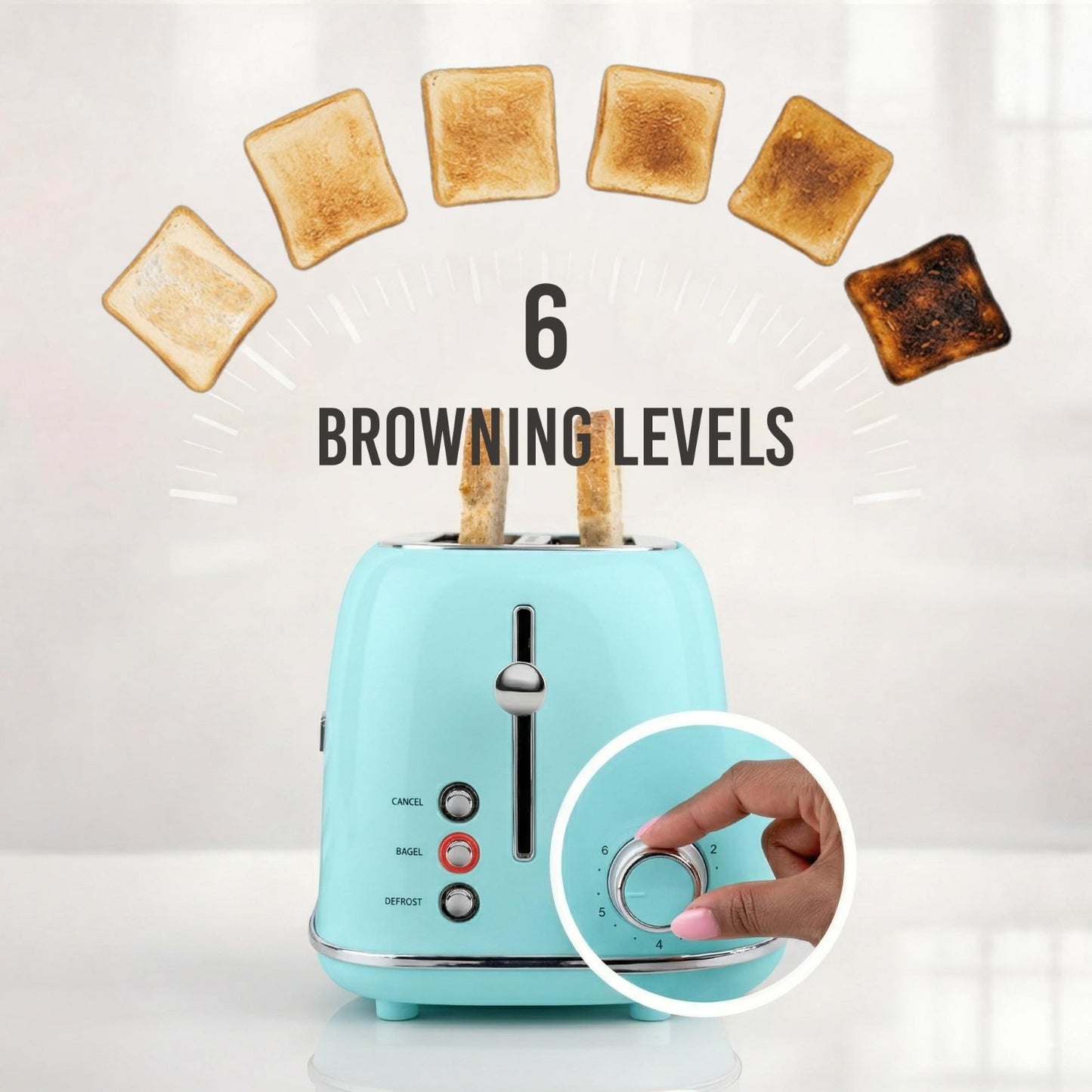 Vintage Retro 2 Slice Toaster   Enamel Coated Steel, Wide Slots, 6 Toast Levels,4