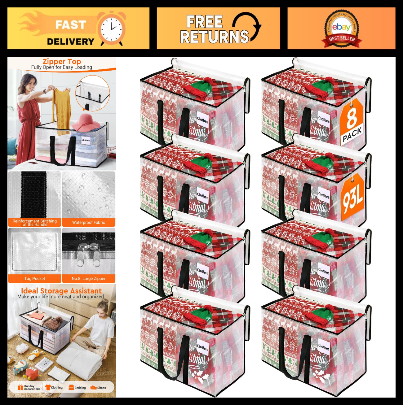 Extra Large Moving Bags 93L - 8-Pack Heavy Duty Storage Totes with Zipper & Hand0