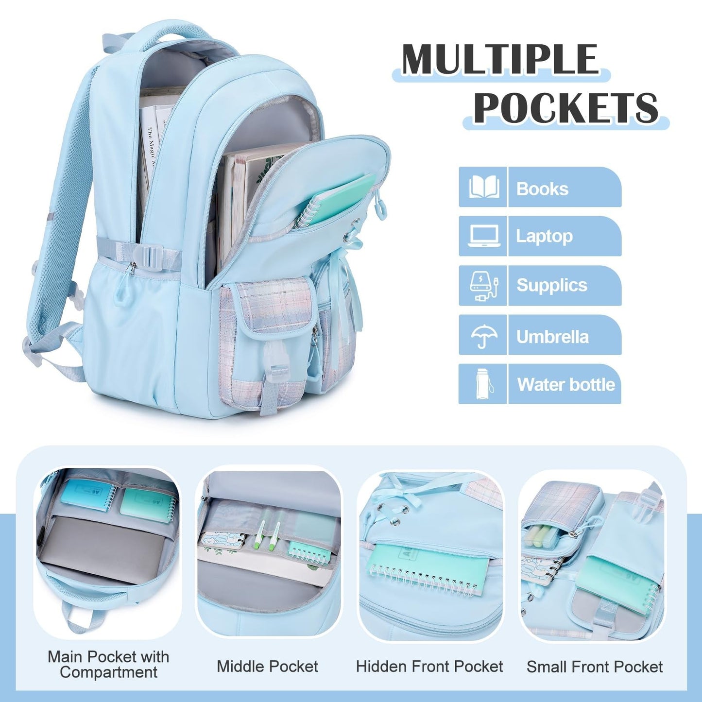 Girls Backpacks Set   6PCS Plaid School Bag with Bento Box, Lunch Bag & Pencil P3