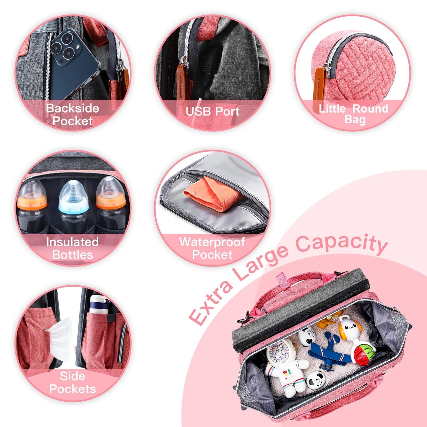 Diaper Bag Backpack with Changing Station, Stylish Baby Bag for Girls, Pink3