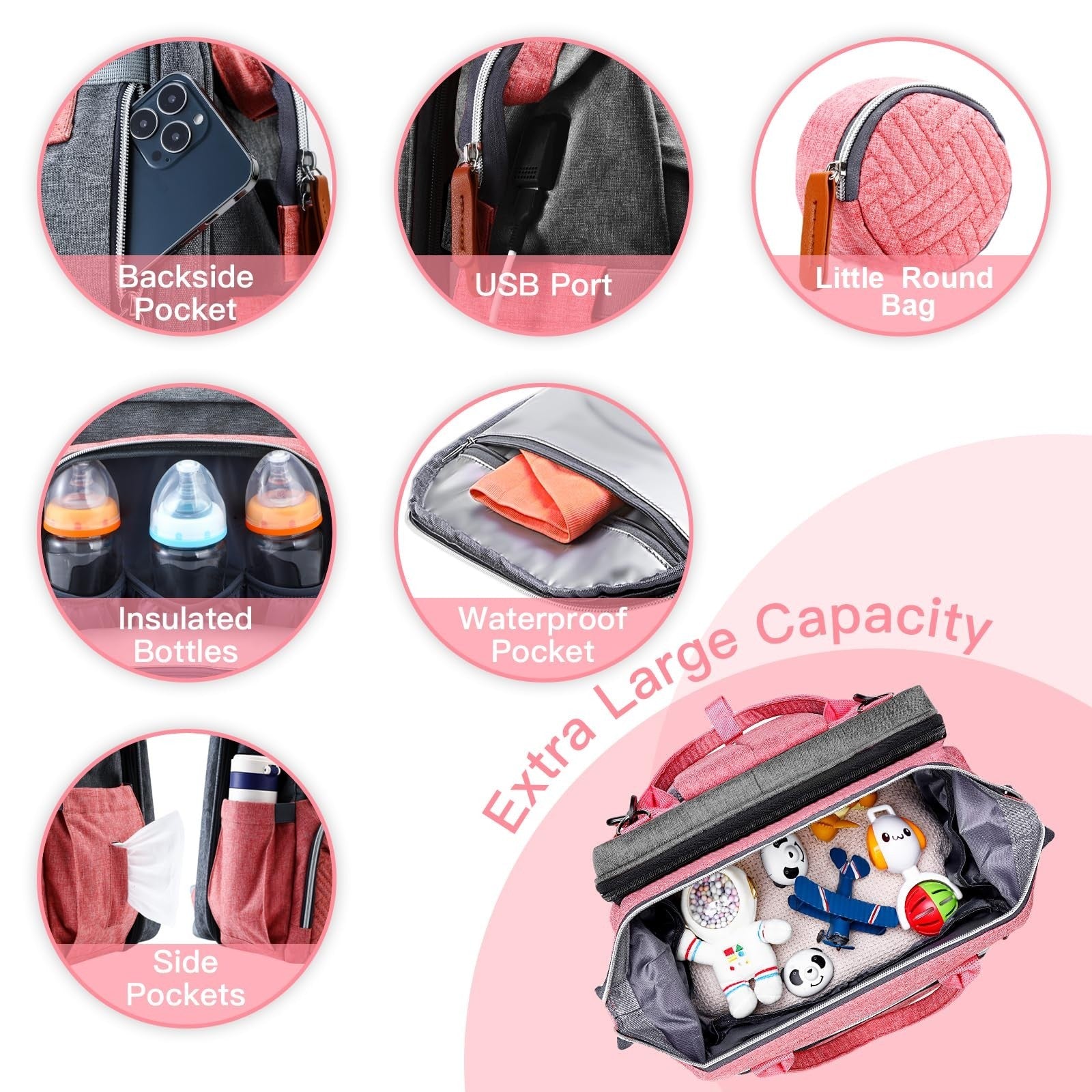 Diaper Bag Backpack with Changing Station, Stylish Baby Bag for Girls, Pink3