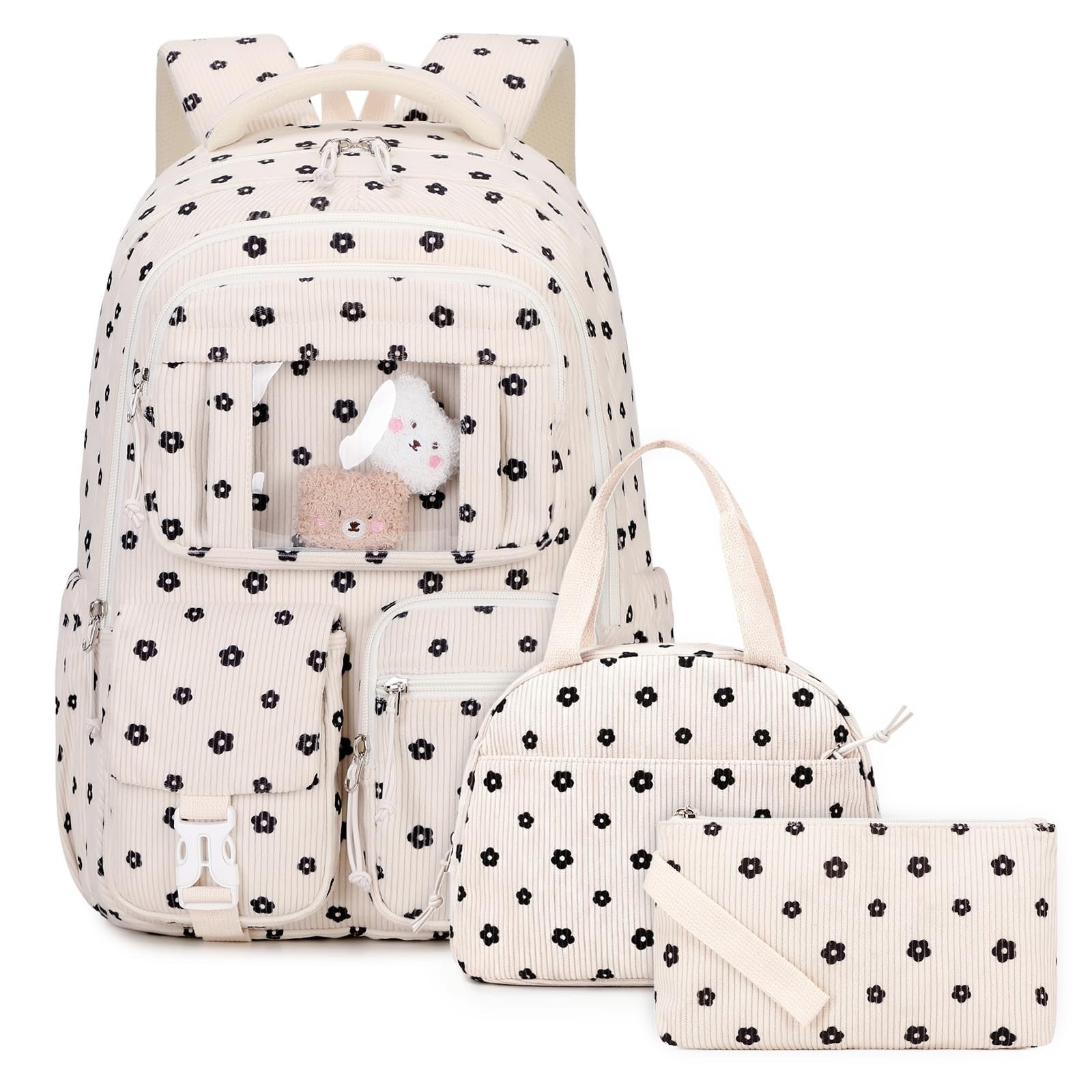 Kawaii Corduroy Backpack Set for Girls - 3PCS School Bag, Lunch Box & Pencil Cas1