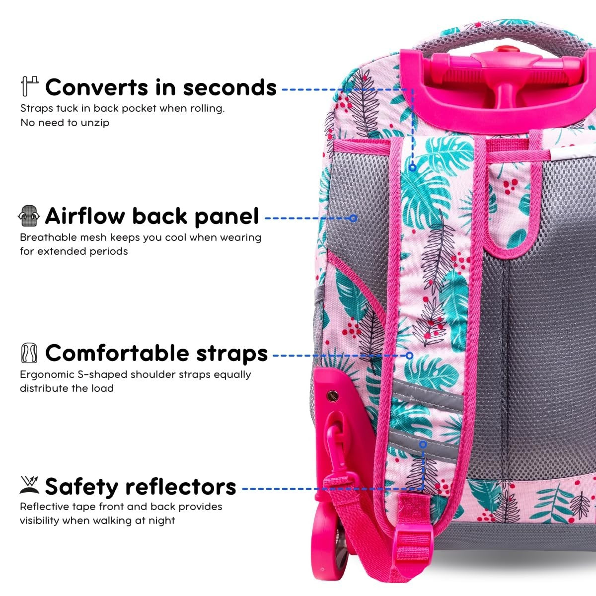 Rolling Backpack with Wheels, Palm Leaves Print, Lightweight Travel Bag, School6