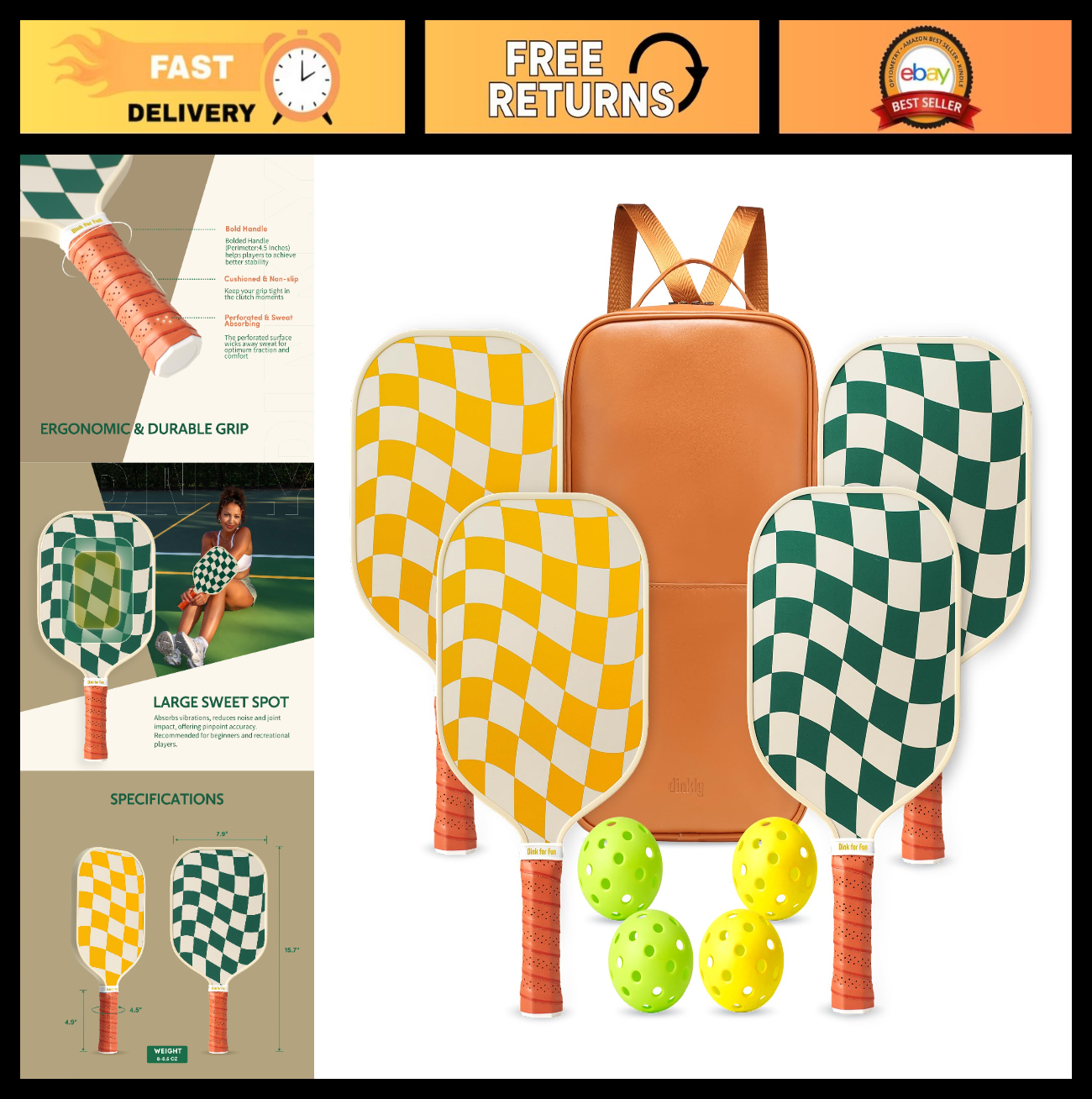 Pickleball Paddle Set of 2/4 - USAPA Approved, Graphite/Fiberglass, 4 Balls & Ca0