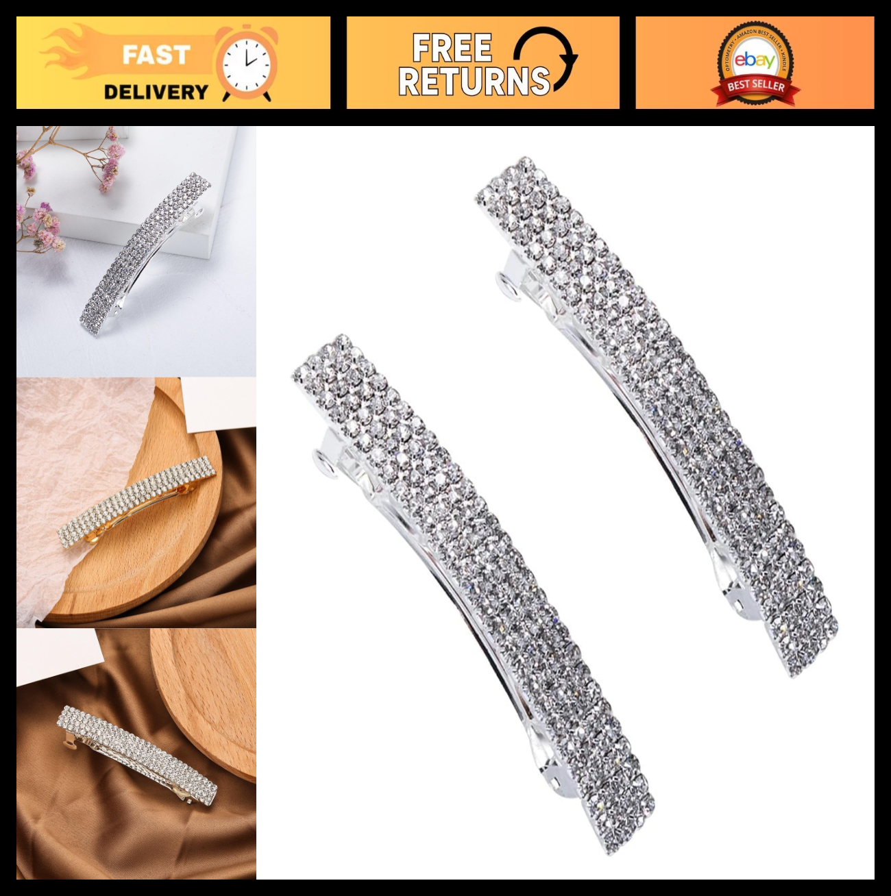 2Pcs Sparkly Rhinestone Hair Clips - Bridal Bling Ponytail Holders, Side Barrett0