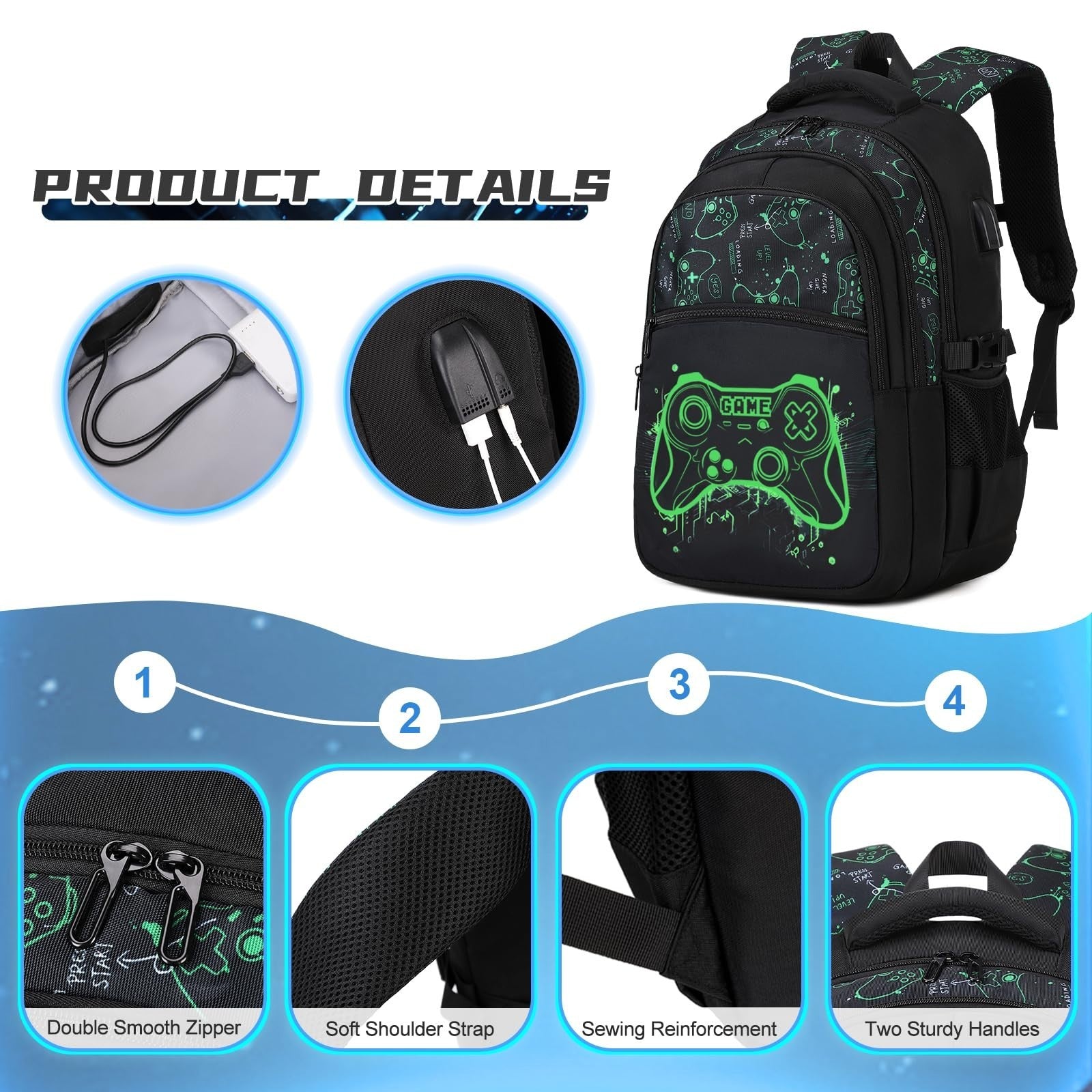 Cool Luminous Boys Backpack Set   6PCS Gamer Bag, Lunch Box & Pencil Case for Sc6