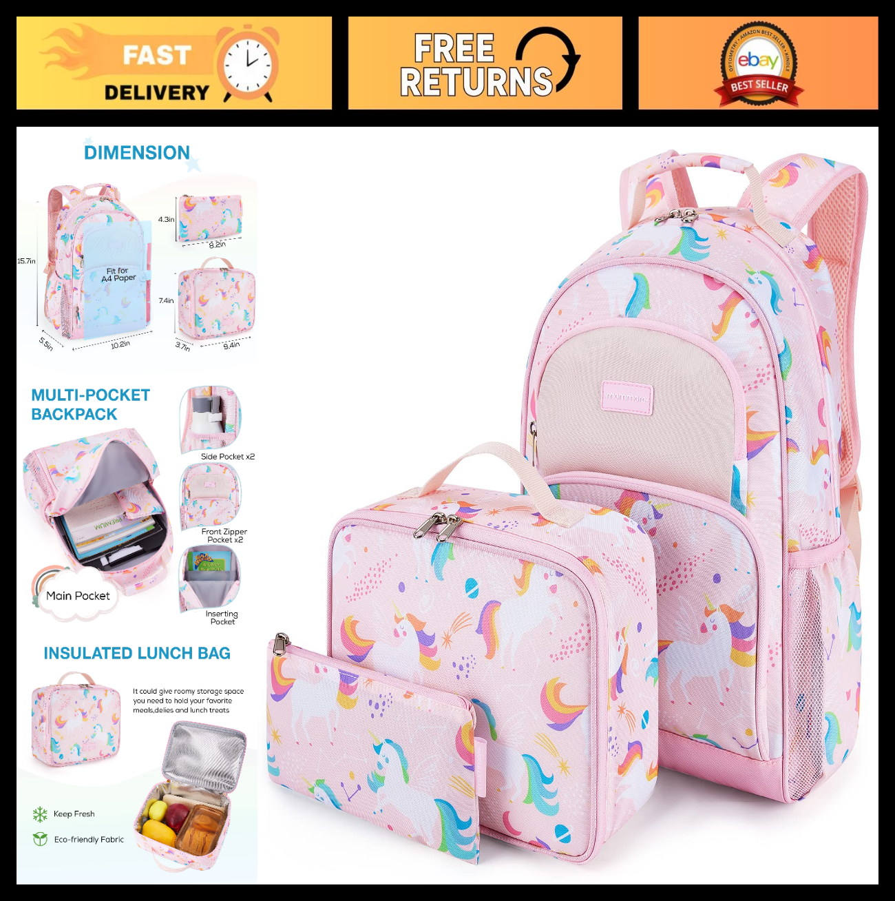 Kids Backpack Set for Kindergarten & Preschool, 3 PCS with Lunch Box & Pencil Ca0