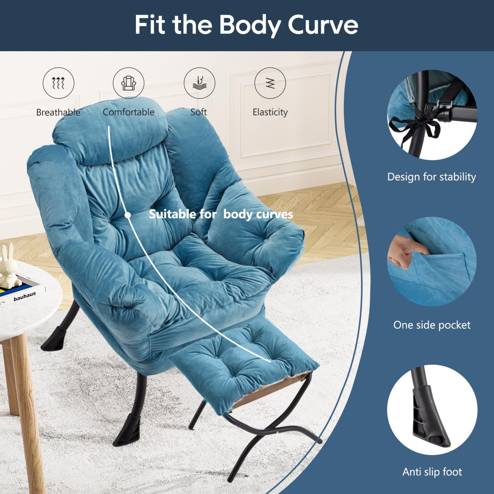 Modern Lazy Chair with Folding Ottoman, Upholstered Accent Sofa for Bedroom & Of3