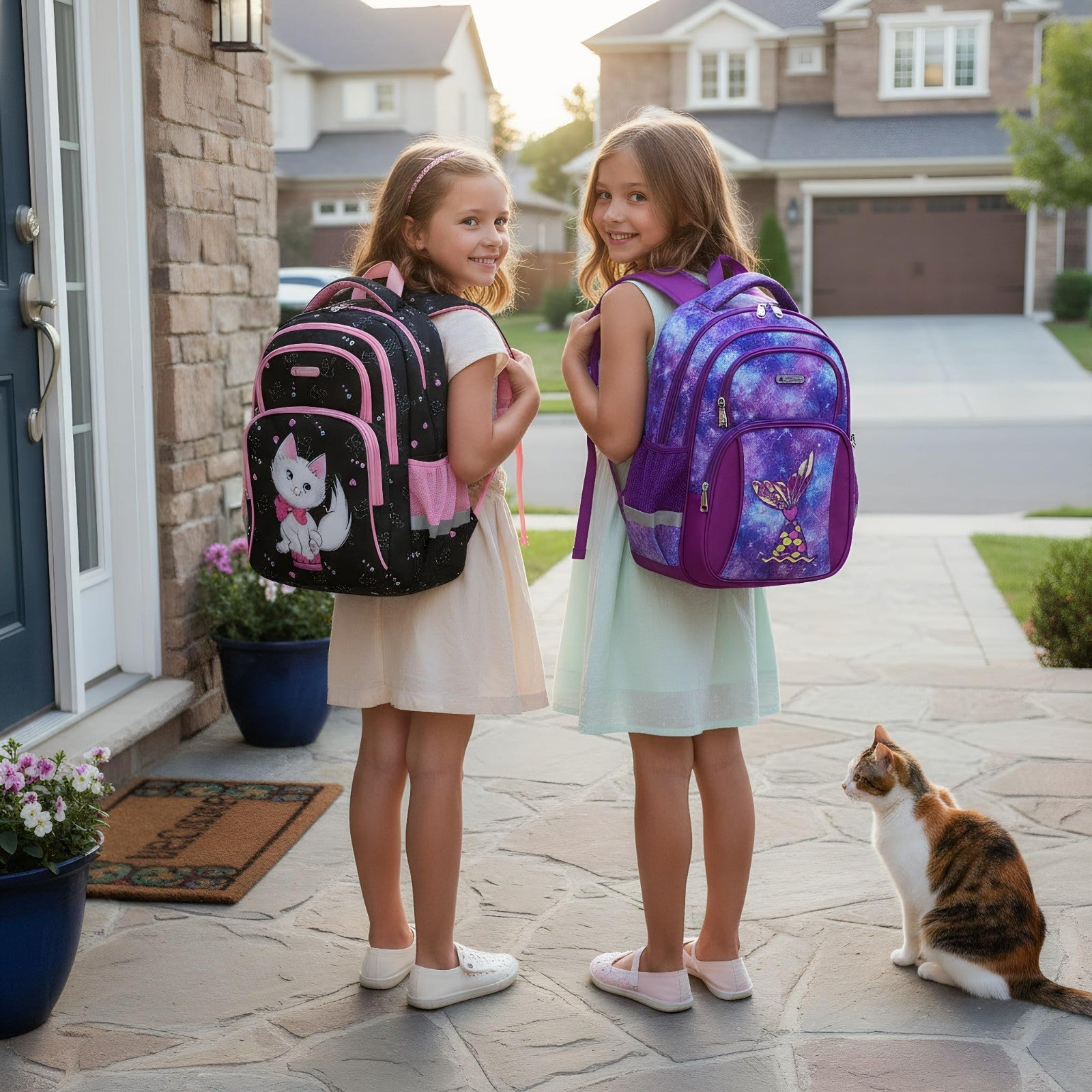Girls' 16" Cat Print School Backpack for Kids Ages 6 10, Cute Bookbag for Elemen2