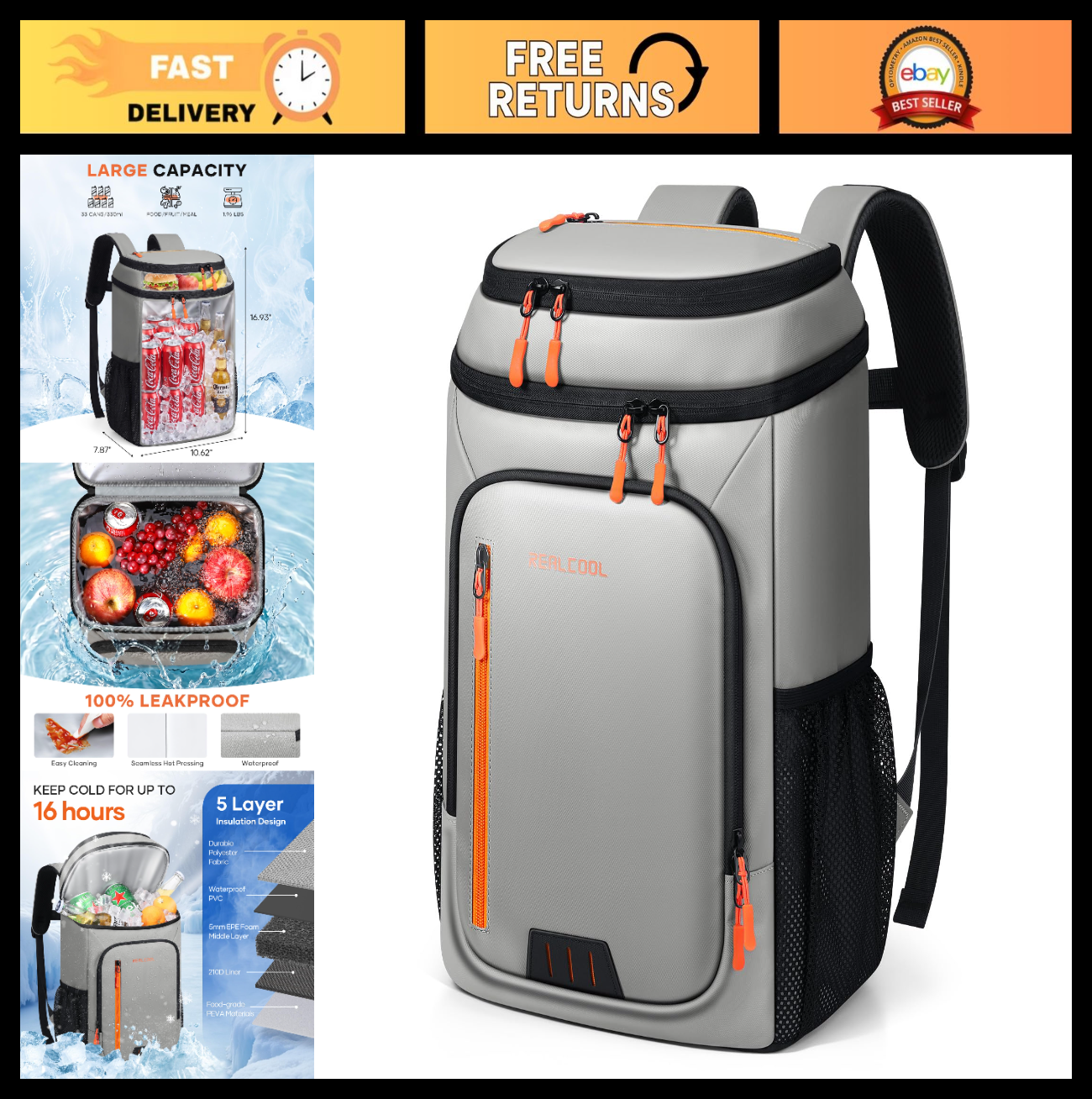 Insulated Cooler Backpack - 33 Can Leakproof, Waterproof, Anti-Theft, for Beach0