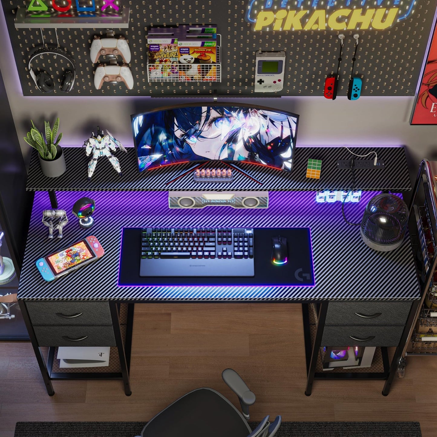 47 Inch Gaming Desk with LED Lights, Power Outlets & 4 Drawers - Home Office Fur3