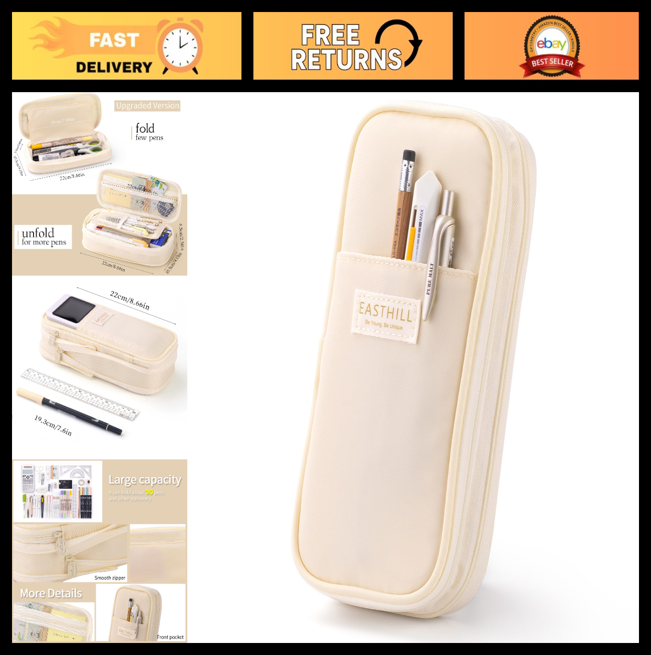Large Capacity Pencil Case, Big Pencil Pouch, Stationery Bag for Teens   Cream0
