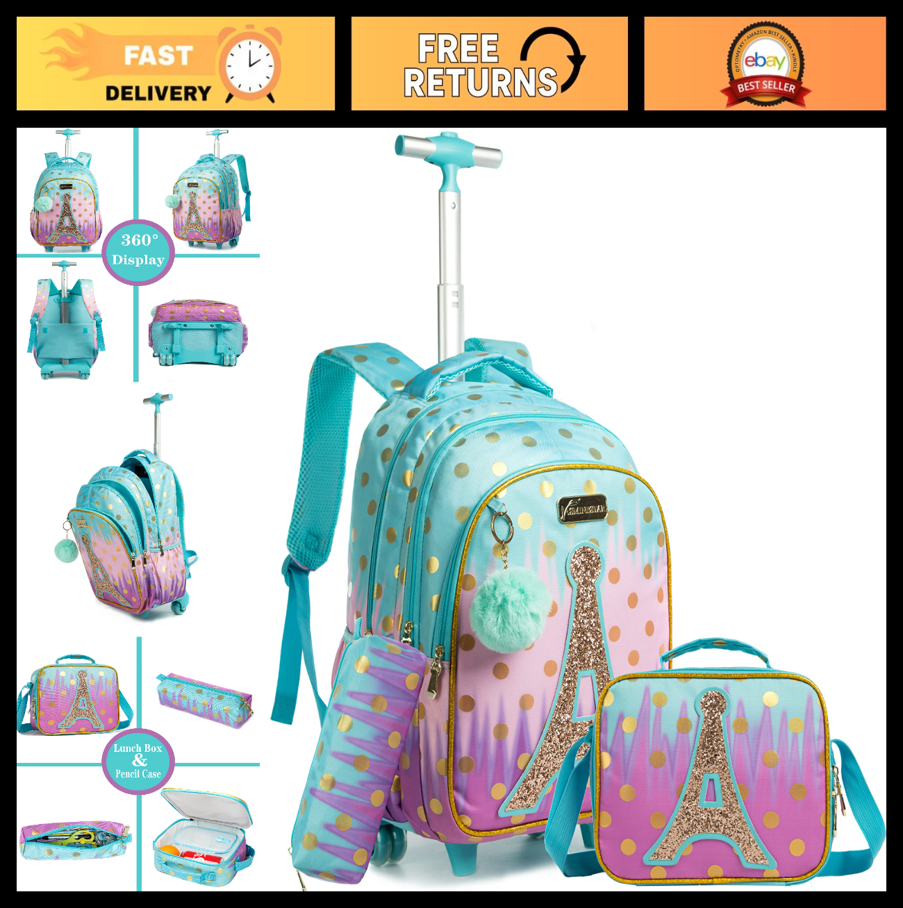 Rolling Backpack for Girls with Wheels   Trolley Luggage & Lunch Box for School0