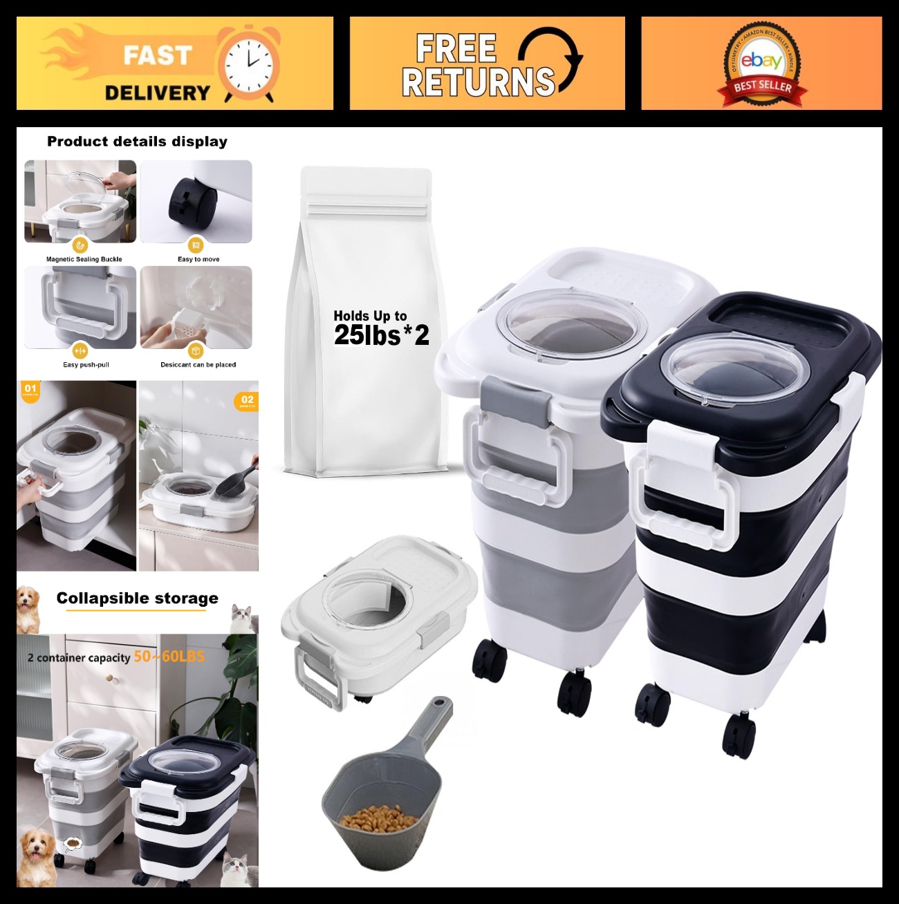 Collapsible 25 lbs Pet Food Storage Container with Scoop - Dog, Cat, Bird, Litte0