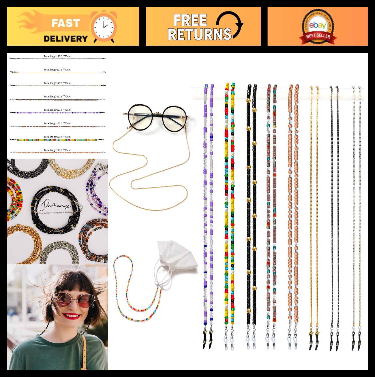 Beaded Eyeglass Chain - 8 Pcs Stylish Glasses Strap Holders for Women, Neck Acce0