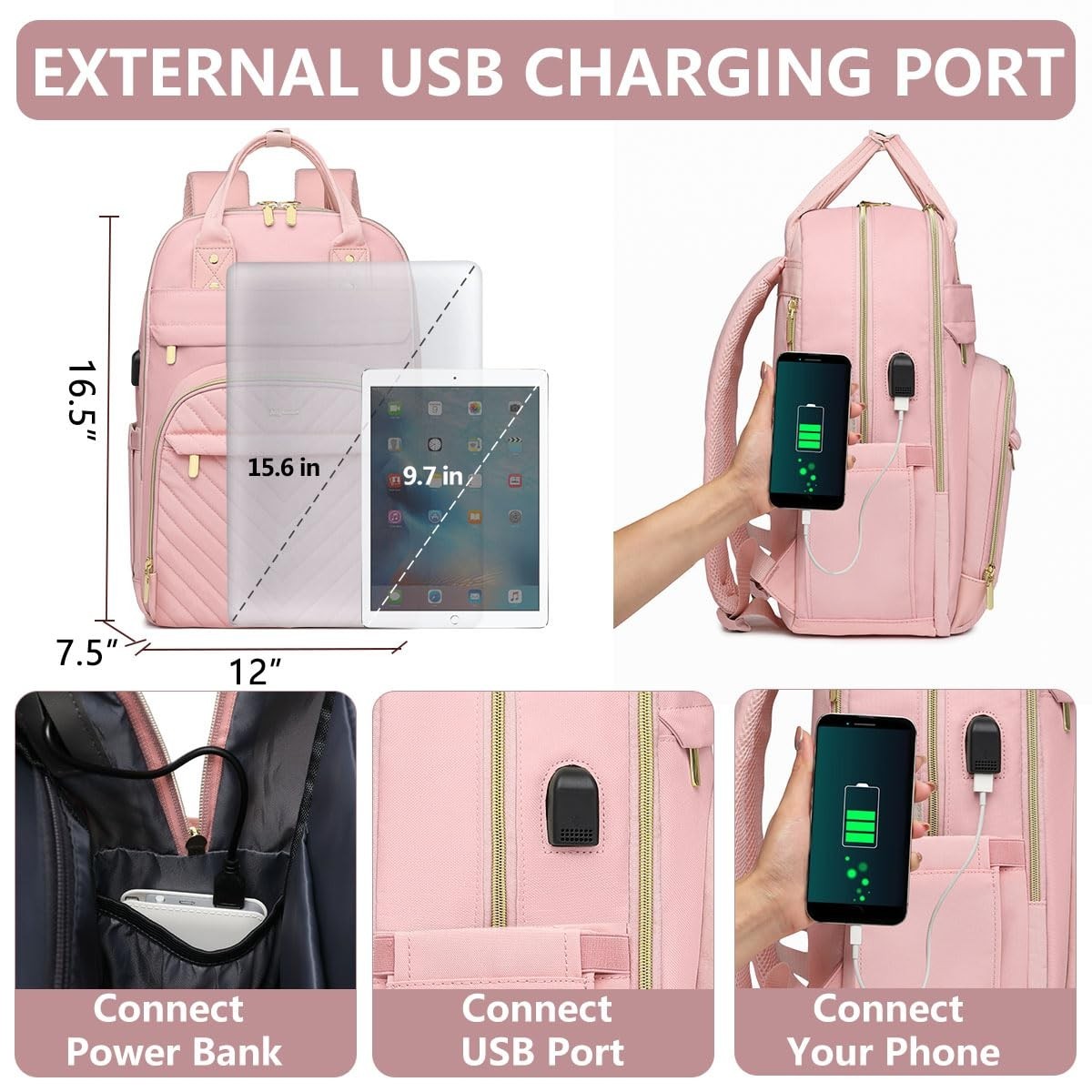 Stylish 15.6" Laptop Backpack for Women   Waterproof Travel Work Bag with USB Ch3