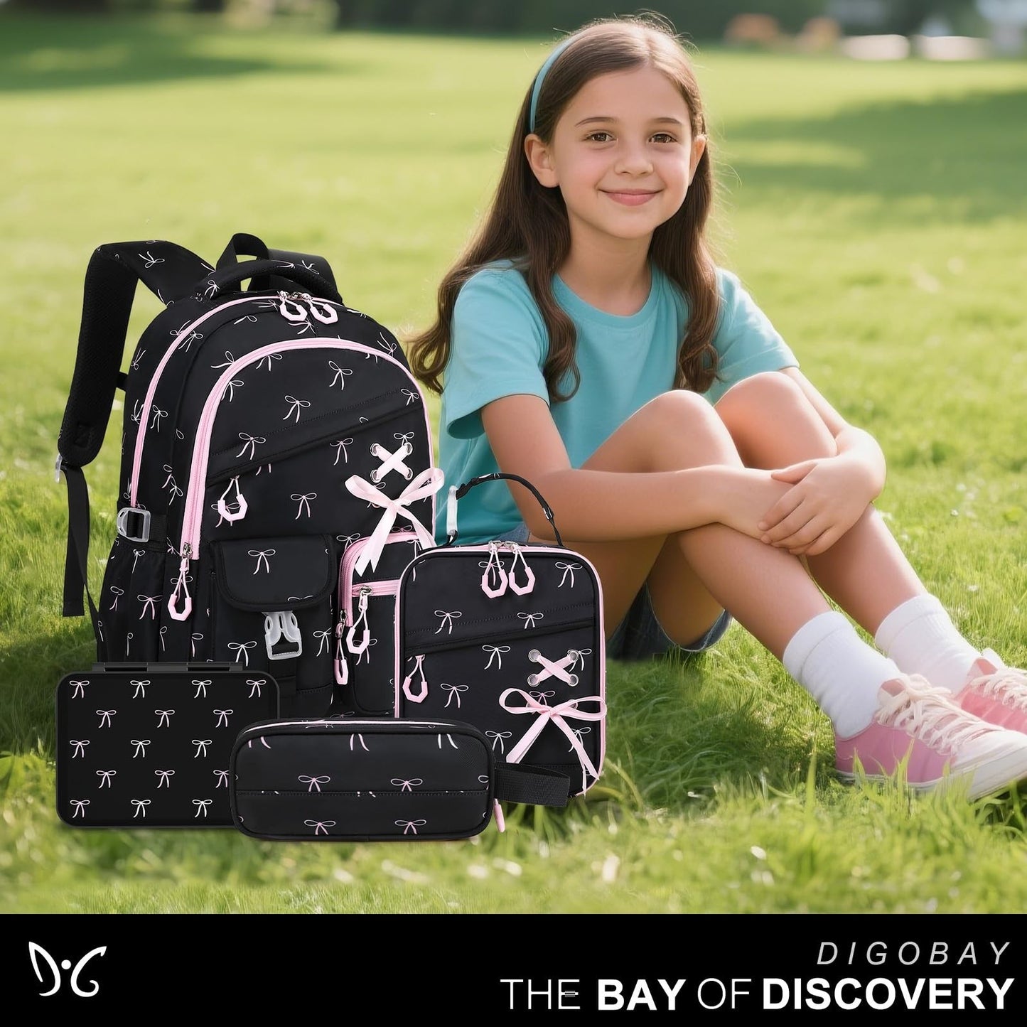 Girls School Backpacks Set   6PCS with Bento Box, Lunch Bag & Pencil Pouch, Blac1