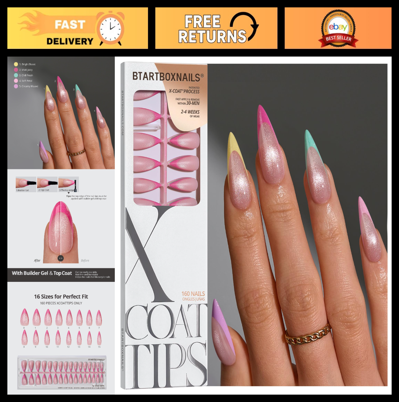Pastel French Tip Press On Nails - Stiletto Cat Eye Design, Size L, Easy Apply0