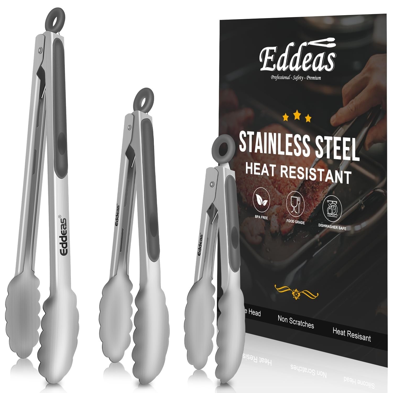 Heat Resistant Stainless Steel Cooking Tongs Set of 3   BBQ, Food Prep, Heavy Du1