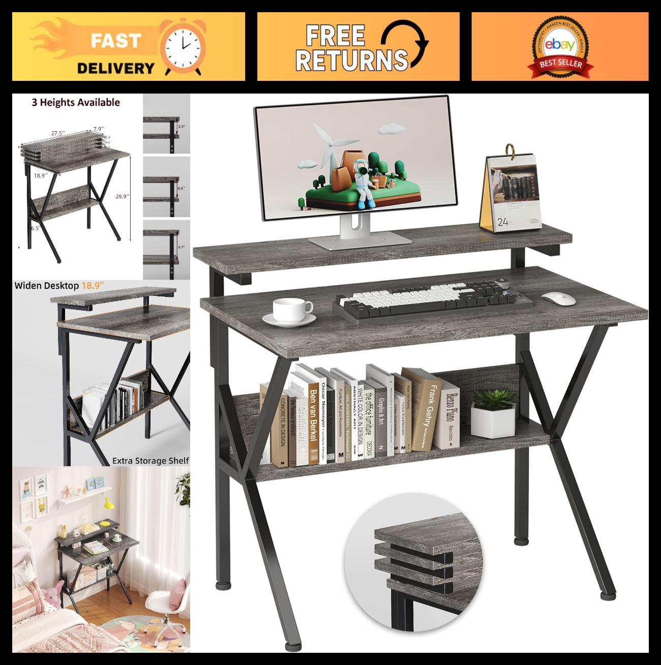 Compact Computer Desk with Adjustable Monitor Stand, Small Space Study Table, Gr0