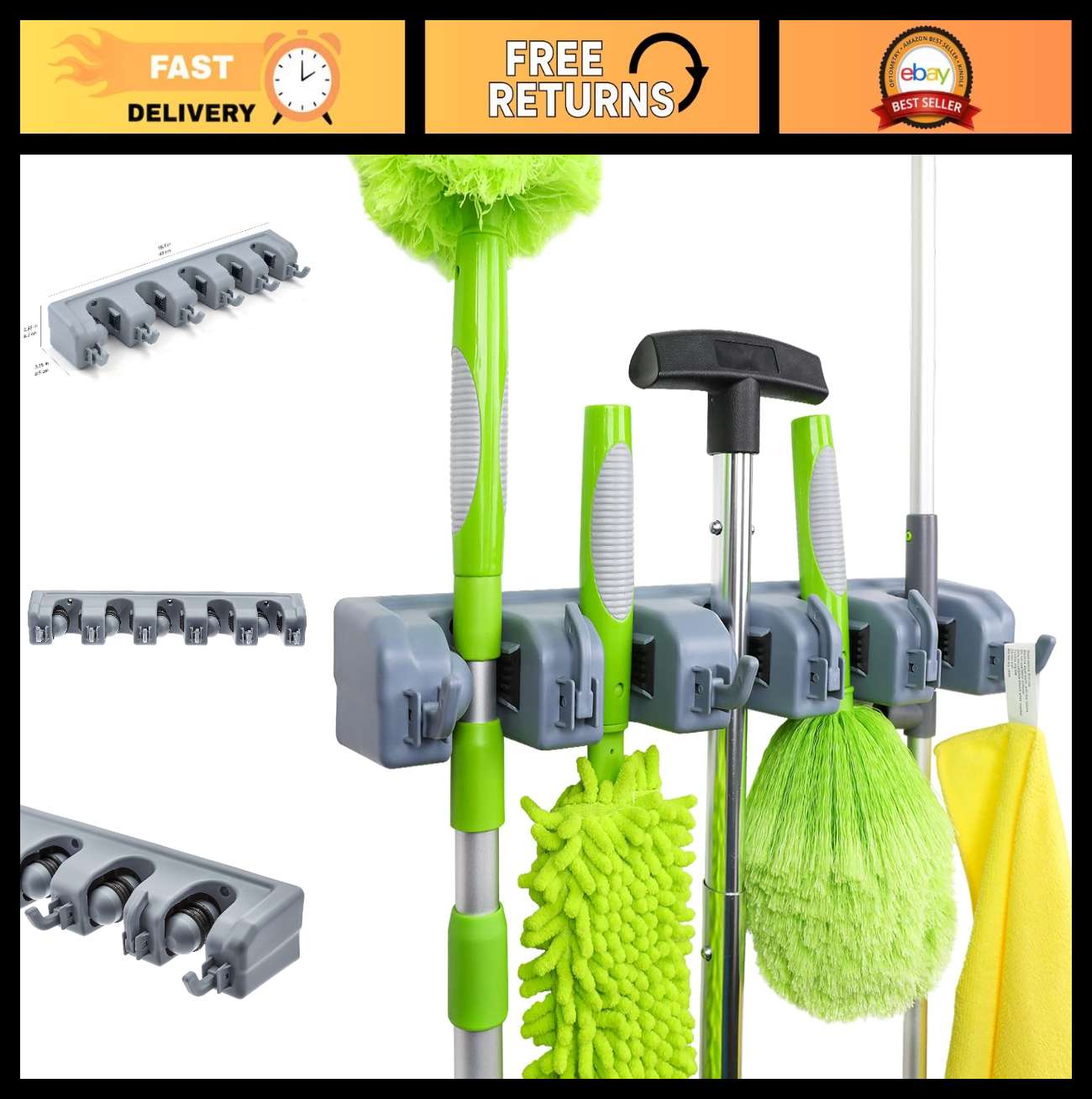 Heavy Duty Wall Mount Broom Mop Holder - Sturdy Tool Organizer with Hooks & Slot0