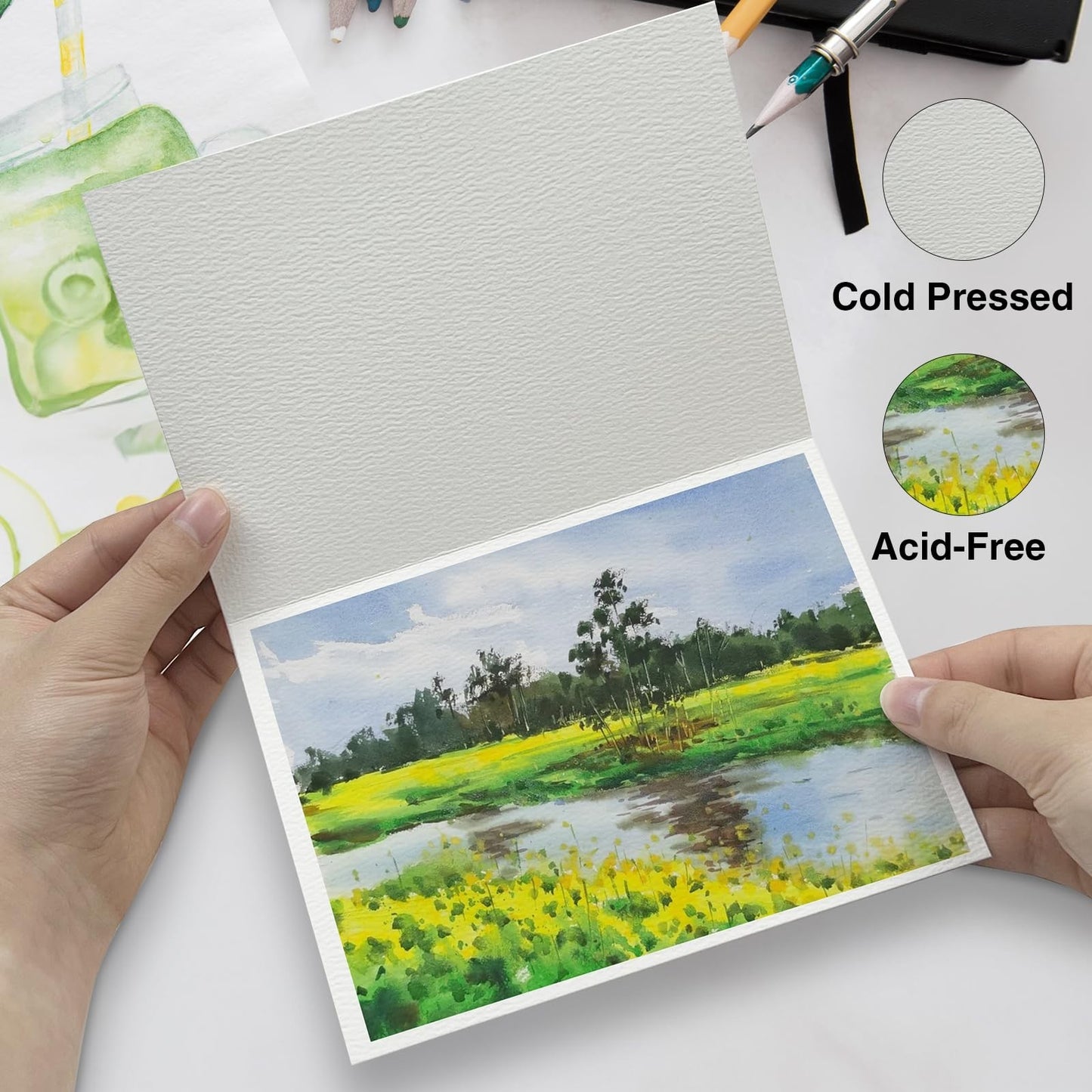50 Pack Foldable Watercolor Cards & Envelopes 5"x7" | 140LB Cotton Postcards4