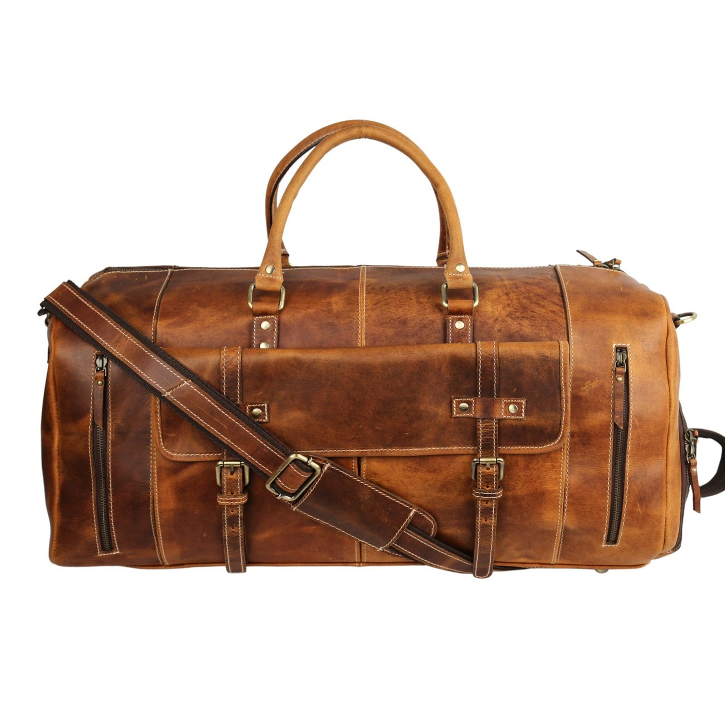 Leather Duffle Bag for Travel, Overnight & Gym - 28" Distressed Tan Holdall2