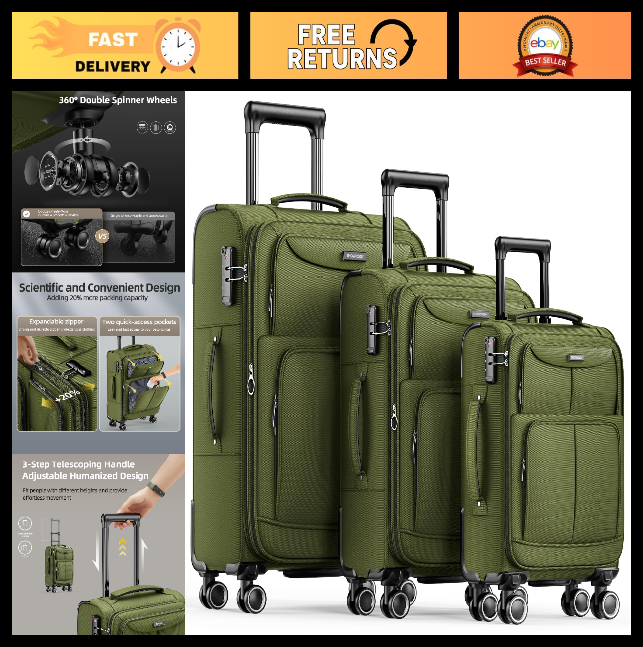 3-Piece Softside Luggage Set - Expandable, Lightweight, 360° Spinner Wheels, TSA0