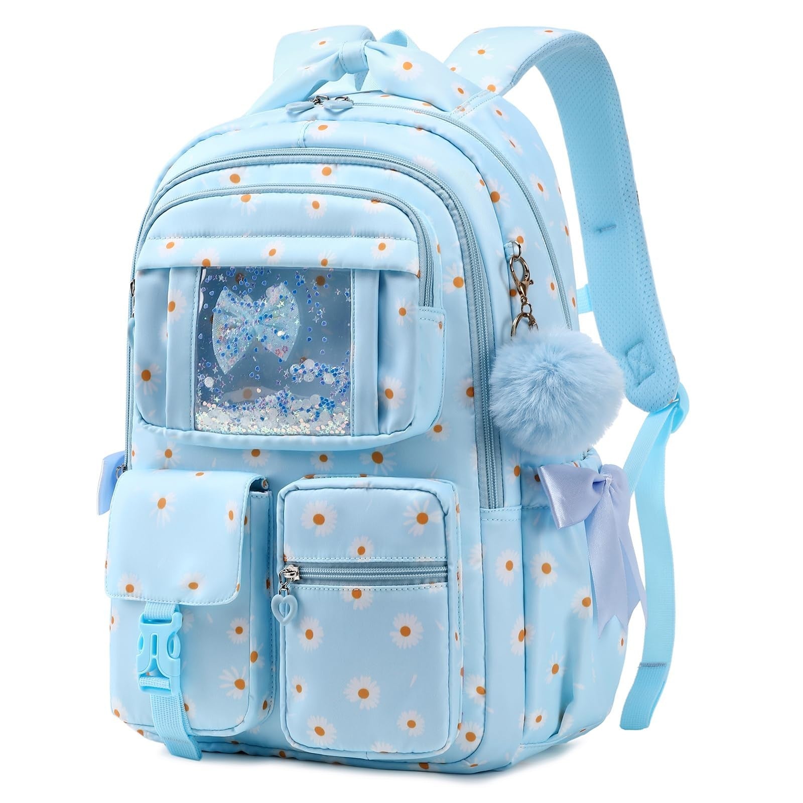Girls School Backpack - Blue Daisy Book Bag for Elementary & Primary Kids0