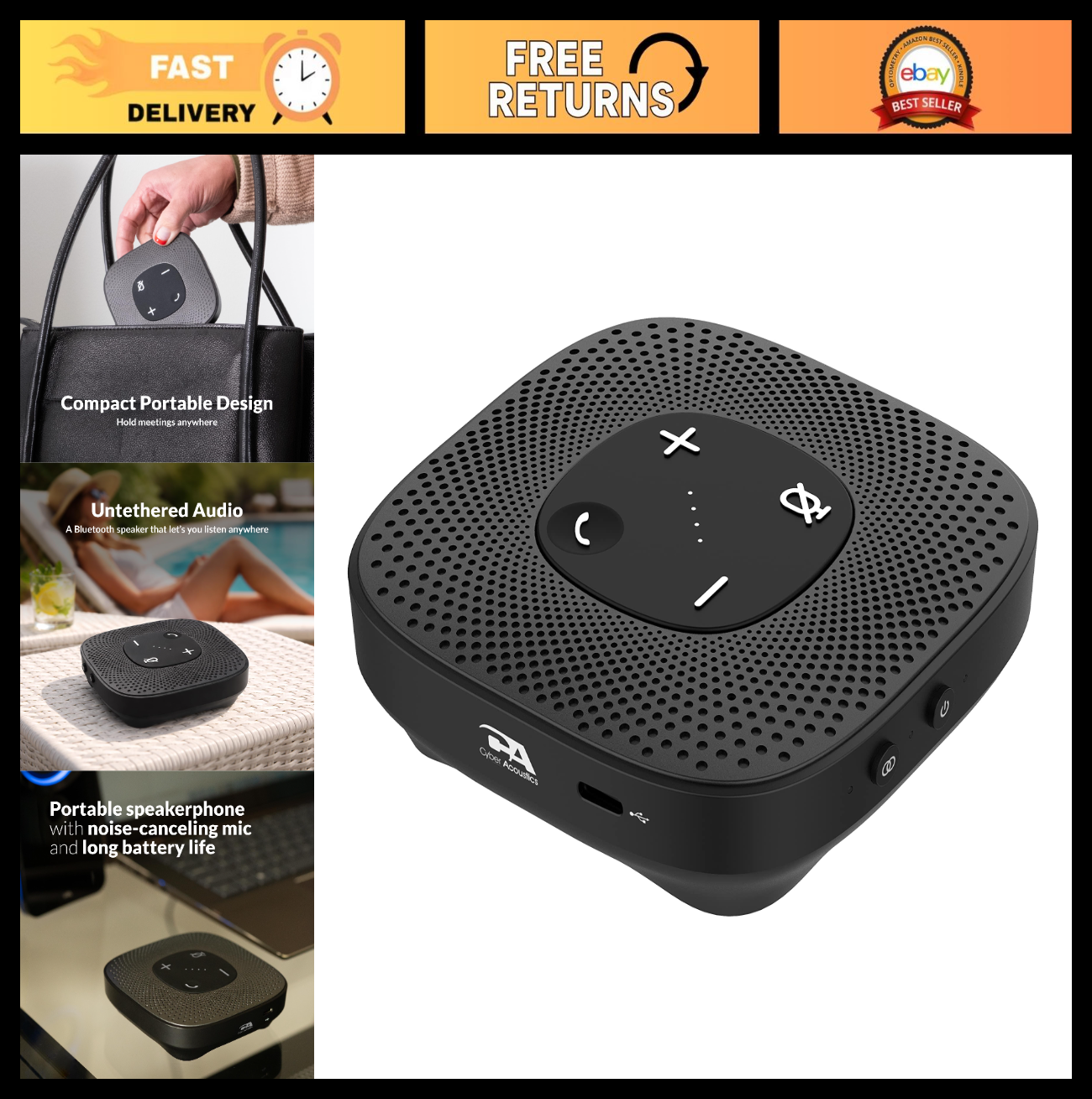 Conference Speakerphone   USB & Bluetooth, 360° Noise Cancelling Mic, 66 Ft Rang0