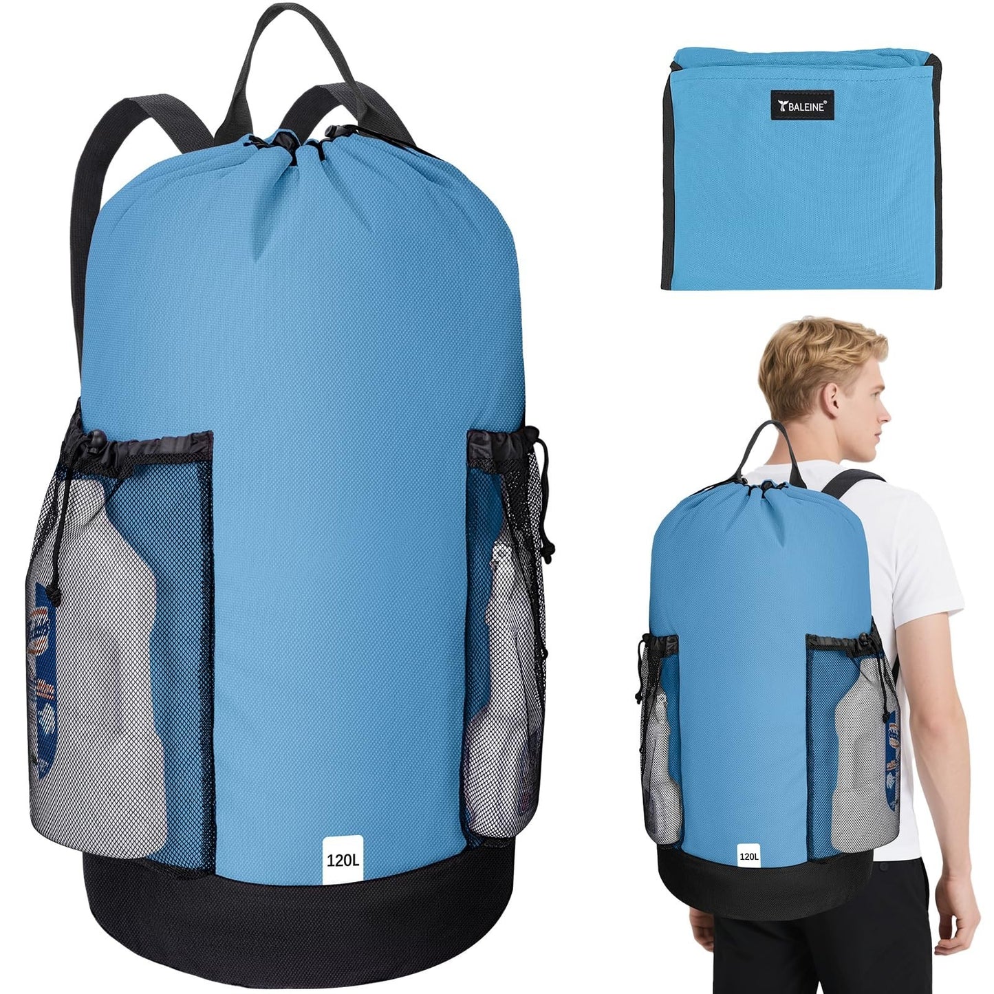 Large 120L Laundry Bag Backpack - Durable 900D Oxford Fabric, Mesh Pockets, Trav1