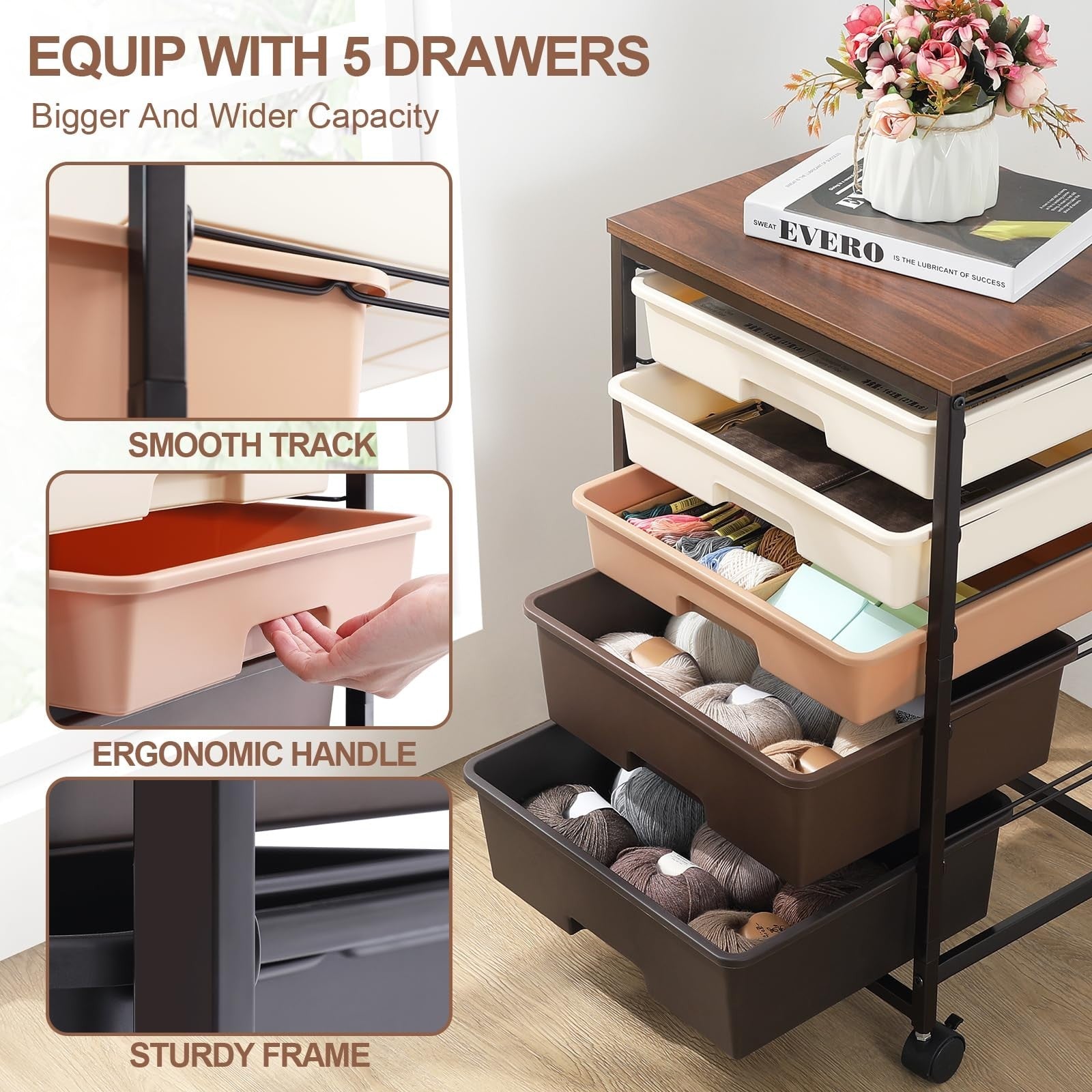 5 Drawer Utility Cart with Wooden Top & Lockable Wheels   Rolling Craft Trolley3