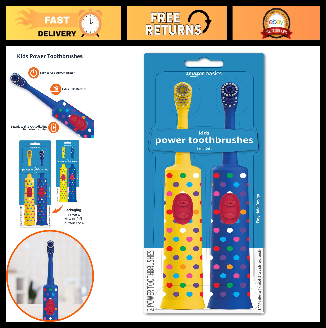 Kids Electric Toothbrush   Battery Powered, Soft Bristles, Oscillating Head, 2 P0