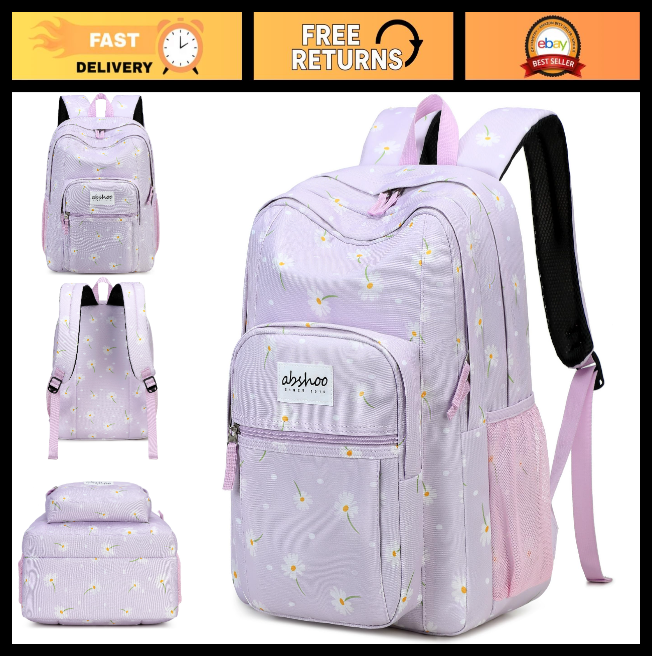 Water Resistant Daisy Print Women's School Backpack for College & Teens   Purple0