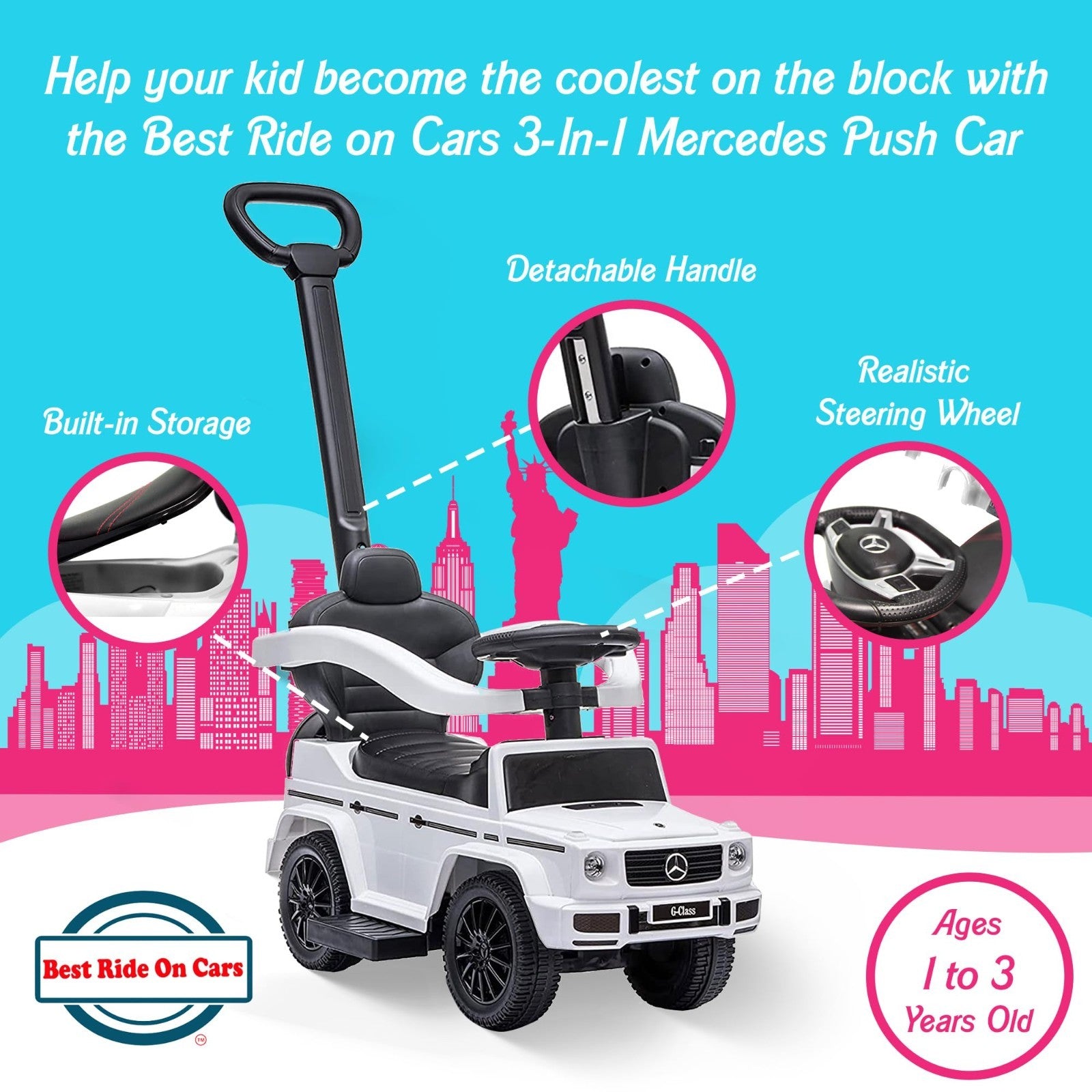 Kids Ride-On Car Stroller Mercedes G-Wagon for Toddlers 1-3, Music & Horn, White3