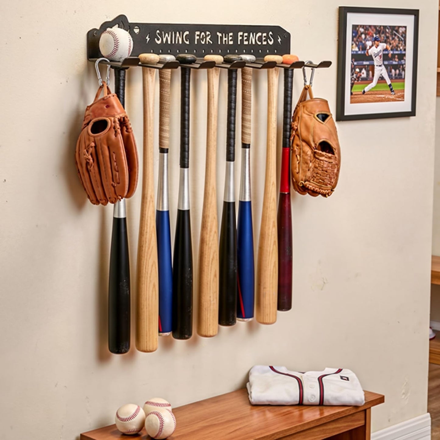 Heavy Duty Baseball Bat Rack Wall Mount   8 Hook Storage Holder for 14 Bats, Met7