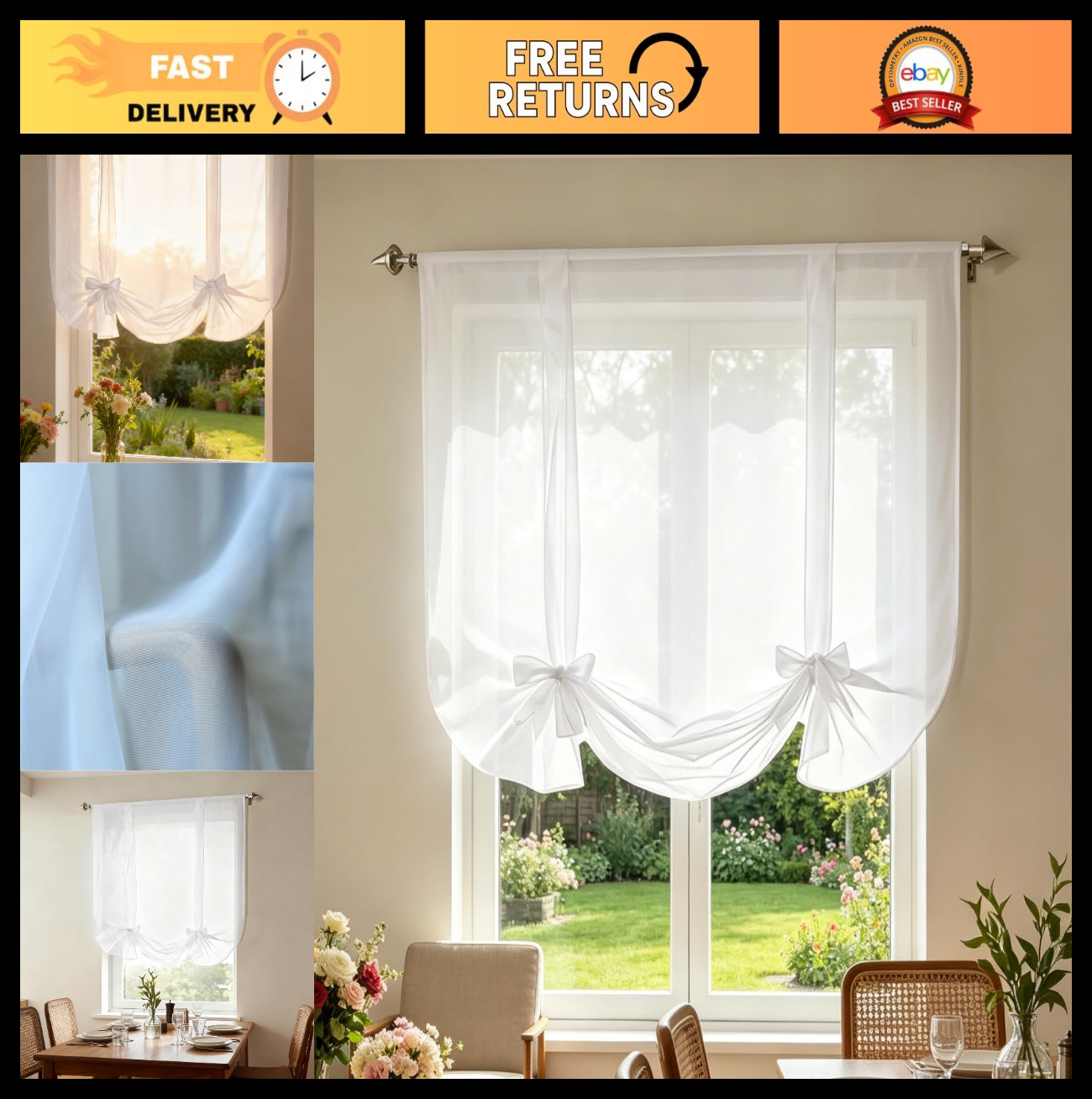 Light Filtering White Tie Up Sheer Voile Curtain | Adjustable Balloon Shade Vala0